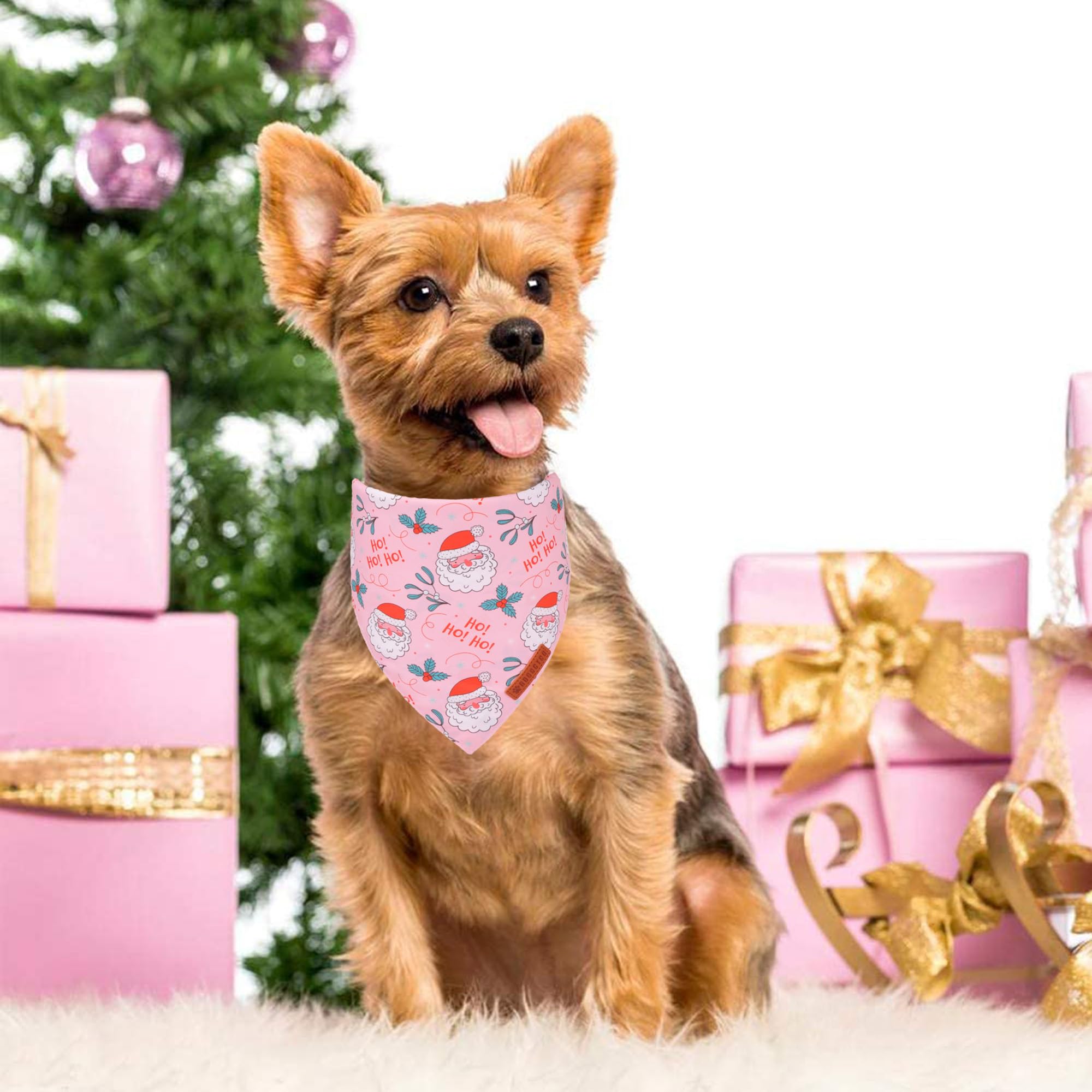 ADOGGYGO Pink Christmas Dog Bandana, Santa Xmas Tree Dog Scarf, Adjustable Fit Pink Pet Christmas Bandanas for Small Dogs Puppie