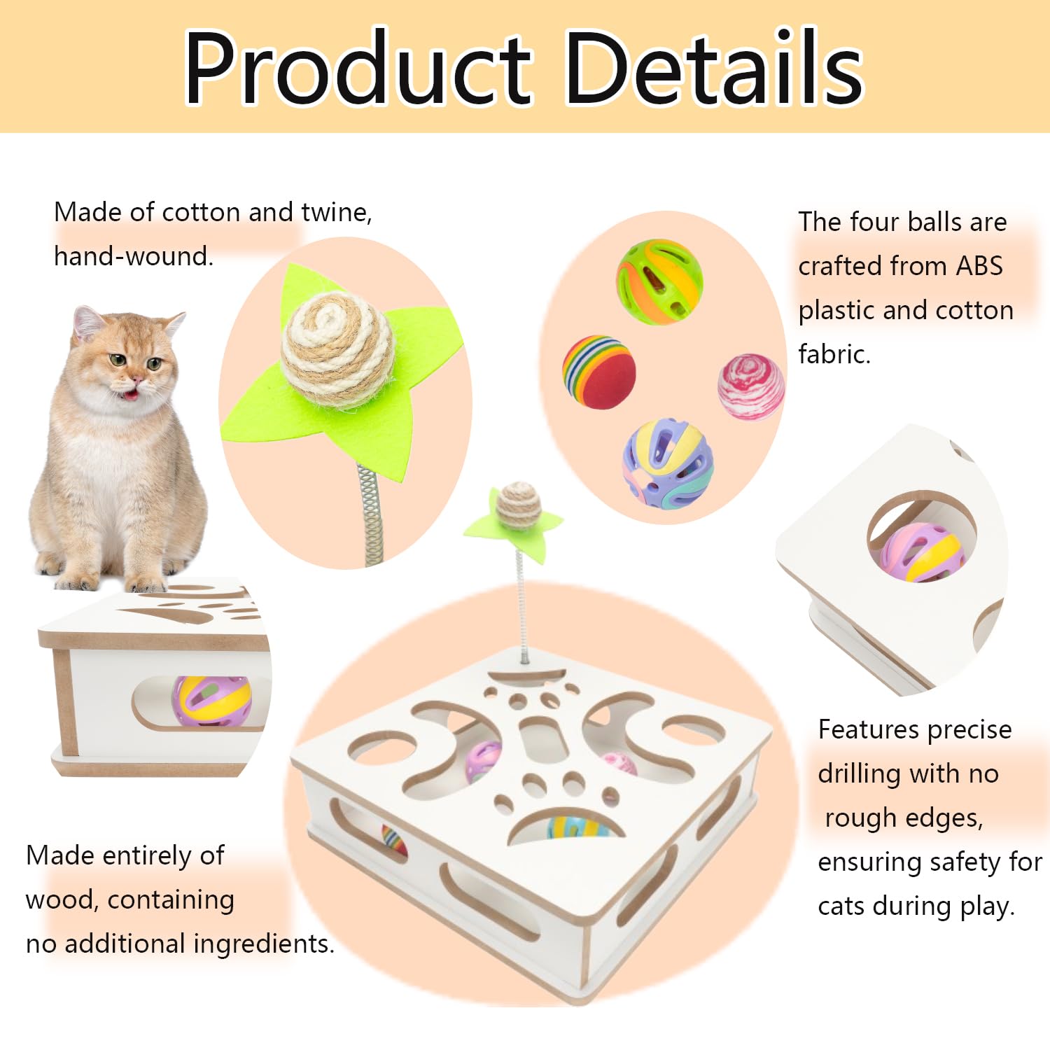 MUCAOL Interactive Wooden Cat Puzzle Toy Box Indoor Hunting Play Toy to Stimulate Your Cats Energy and Instincts (White)