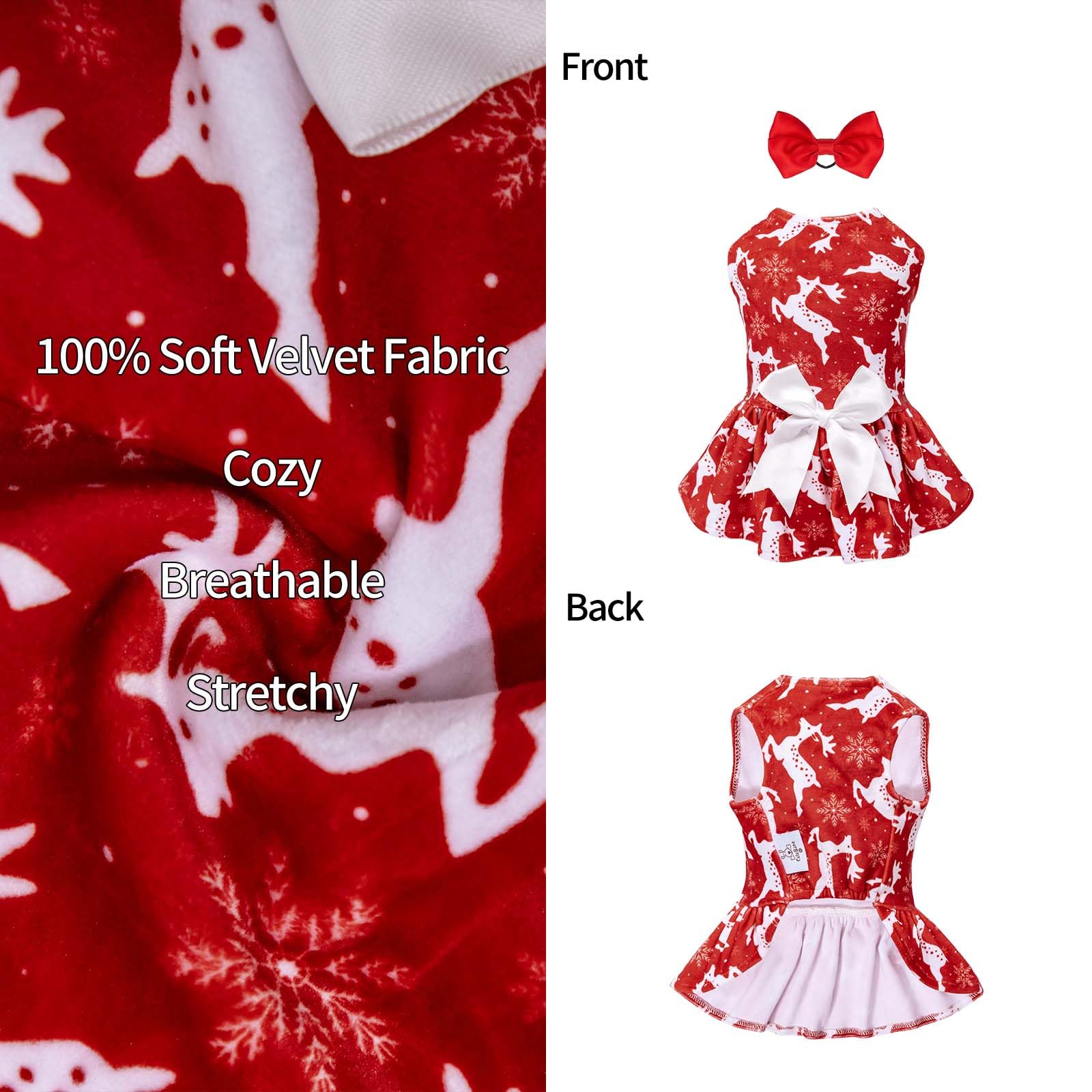 Cutebone Dog Christmas Dresses Outfit Velvet Holiday Small Dogs Clothes Onesie Pet Apparel Girl Puppy Skirt With Bow Hair Rope C