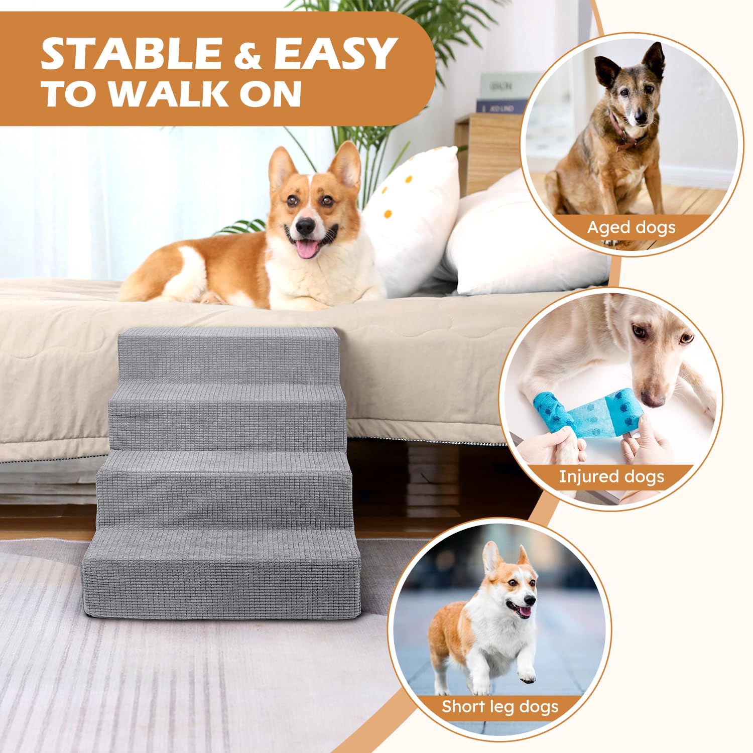 Heeyoo Dog Stairs For Small Dogs, 4-Step Dog Steps For High Bed And Couch, High-Density Foam Pet Steps With Supporting Board, No