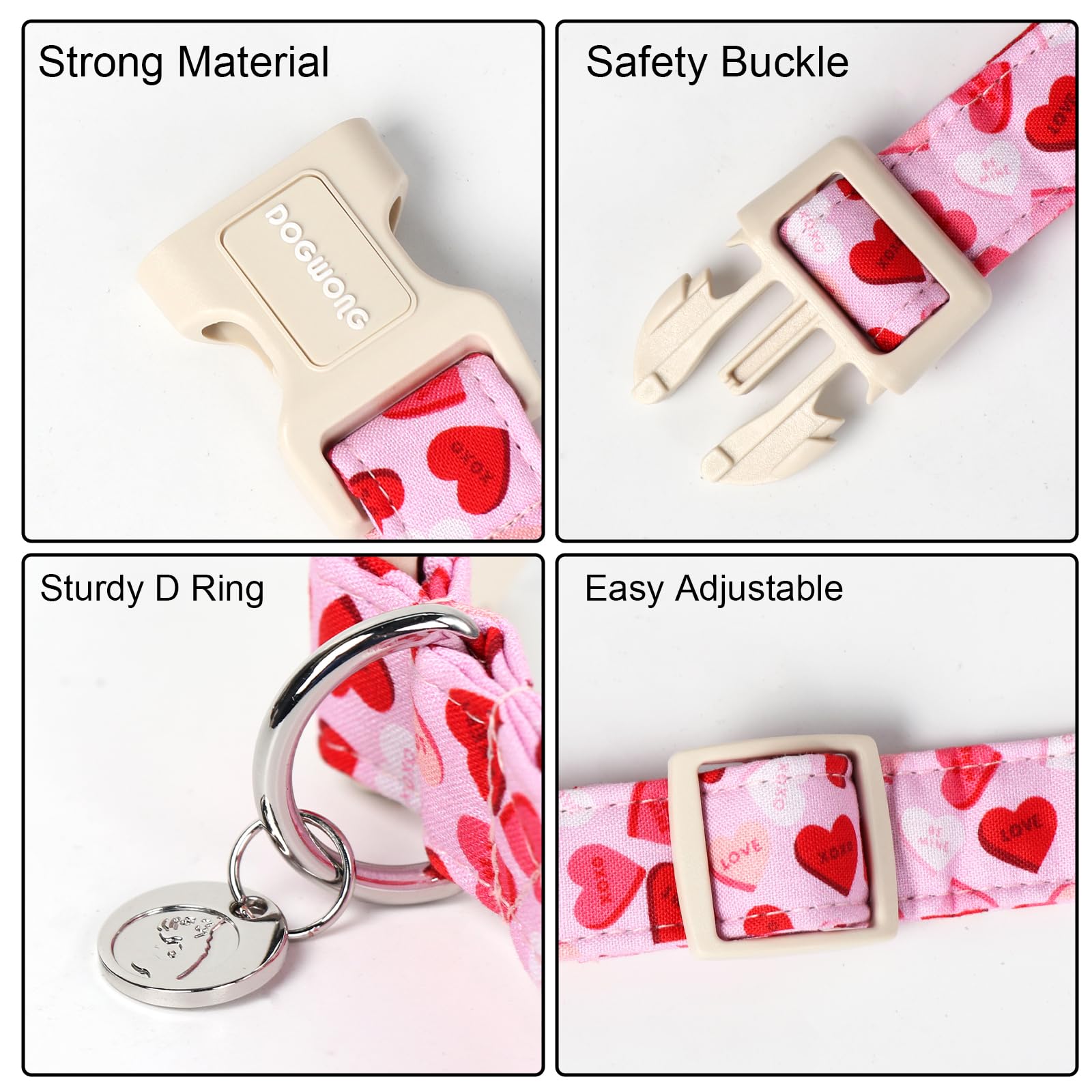 Dogwong Valentine'S Dog Collar - Pink Heart Adjustable Cotton Heart Dog Collar - Perfect For Small, Medium, Large Dogs