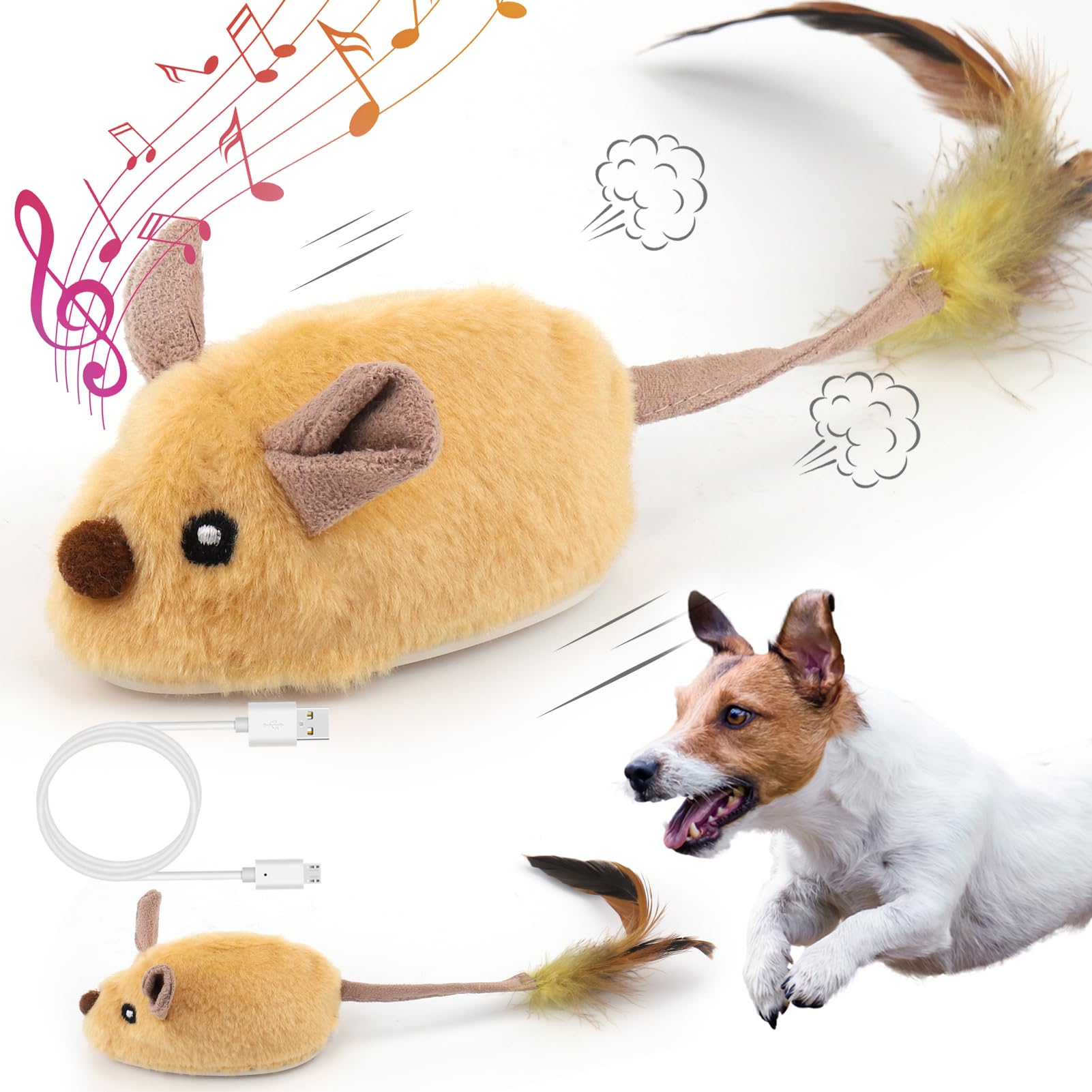 Mity rain Interactive Dog Toys, Fake Mouse Moving Dog Toy with Automatic Sensor, Dog Mouse Toy with Realistic Sound & Extended T