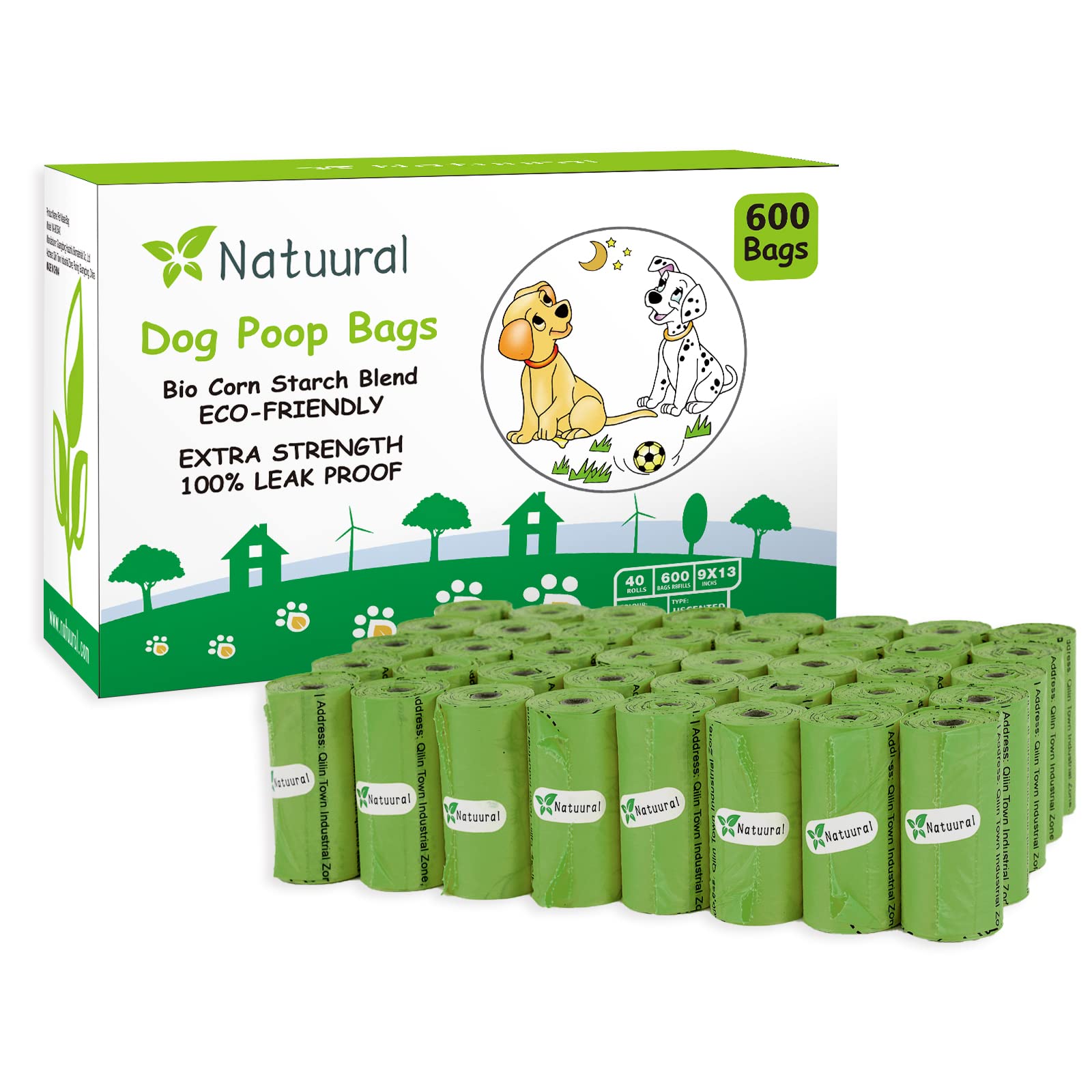 Natuural Dog Poop Bags Rolls-600 Counts, 40Rolls, Biodegradable Poop Bags Made of Cornstarch, 100% Leak Proof and Easy to Open (