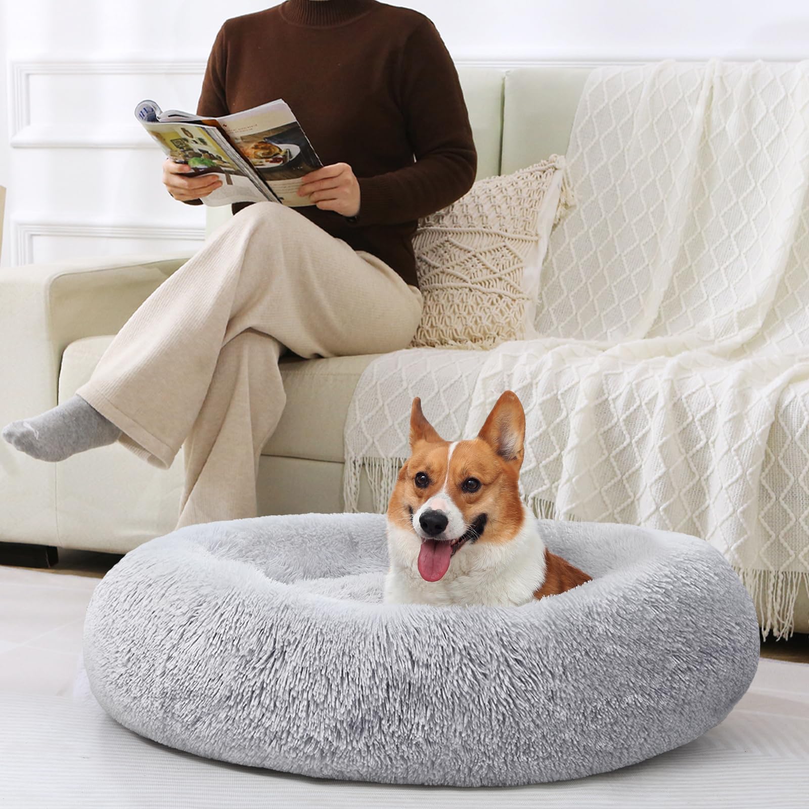 Jollyvogue Dog & Cat Bed, Calming Anti-Anxiety Pet Bed For Small Dogs, Fluffy Donut Cushion For Small And Medium Pets (24')