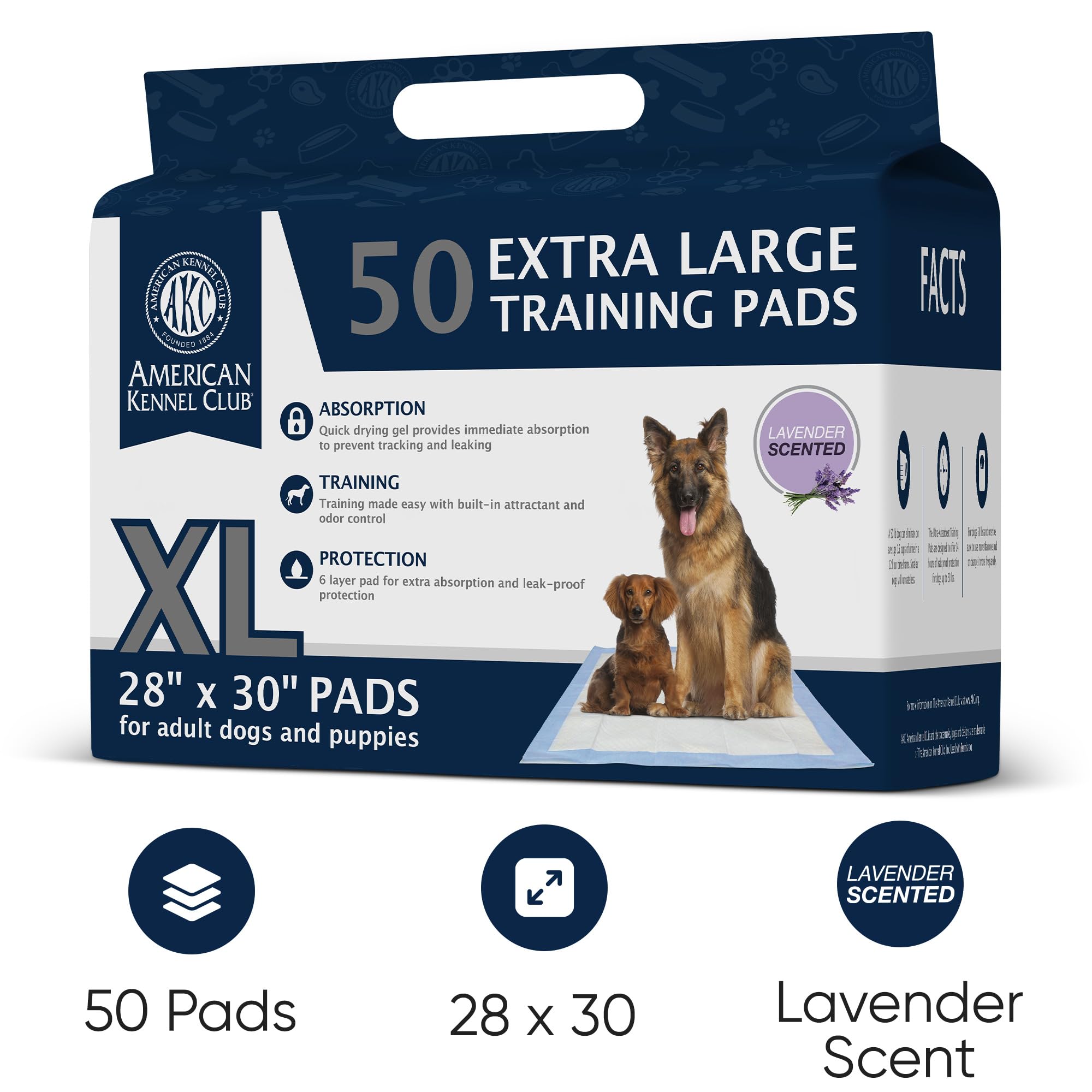 American Kennel Club Scented Puppy Training Pads - Ultra Absorbent Quick Dry Gel, 28 x 30, Lavender, 50 Count, Model AKC62882
