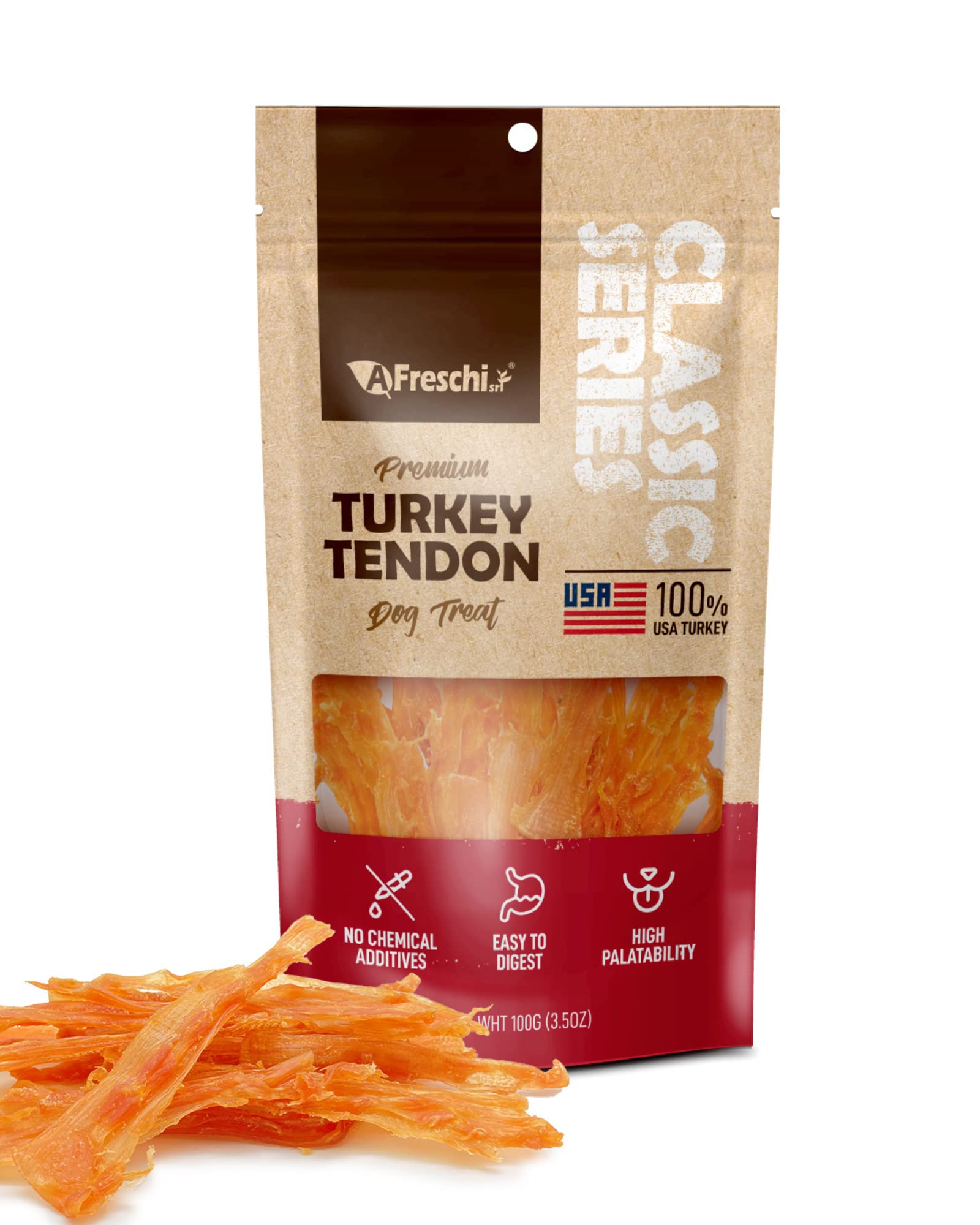 A Freschi Turkey Tendon Dog Treats - All Natural, Hypoallergenic Rawhide Alternative for Training, USA Sourced, 7 oz