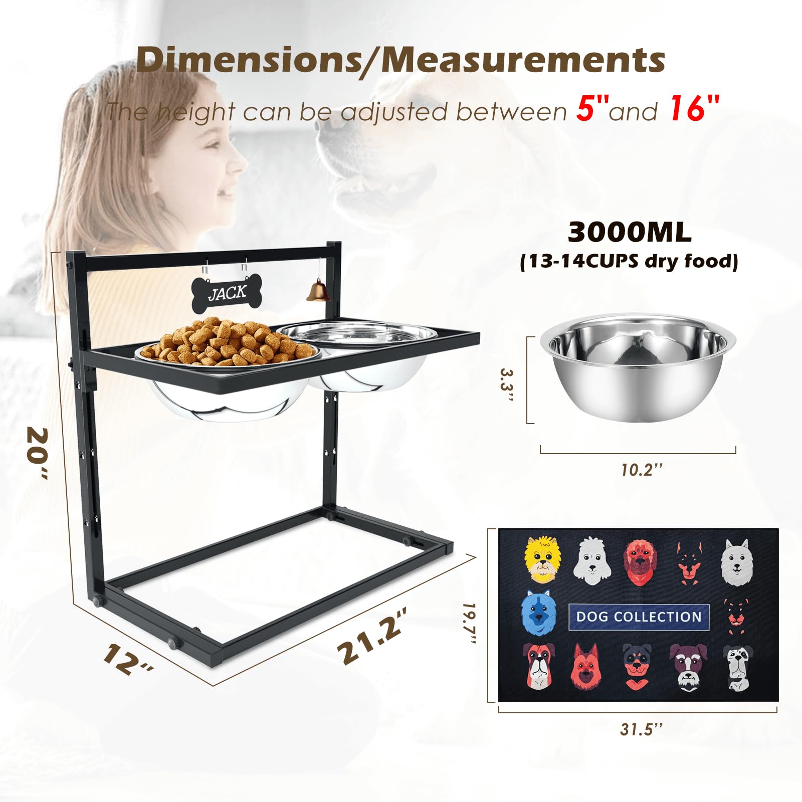 TIDANT ??-?????????? Elevated Dog Bowls for Extra Large Dogs with Mat,Raised Dog Bowl Stand for Large Breed Adjusable Height Dog