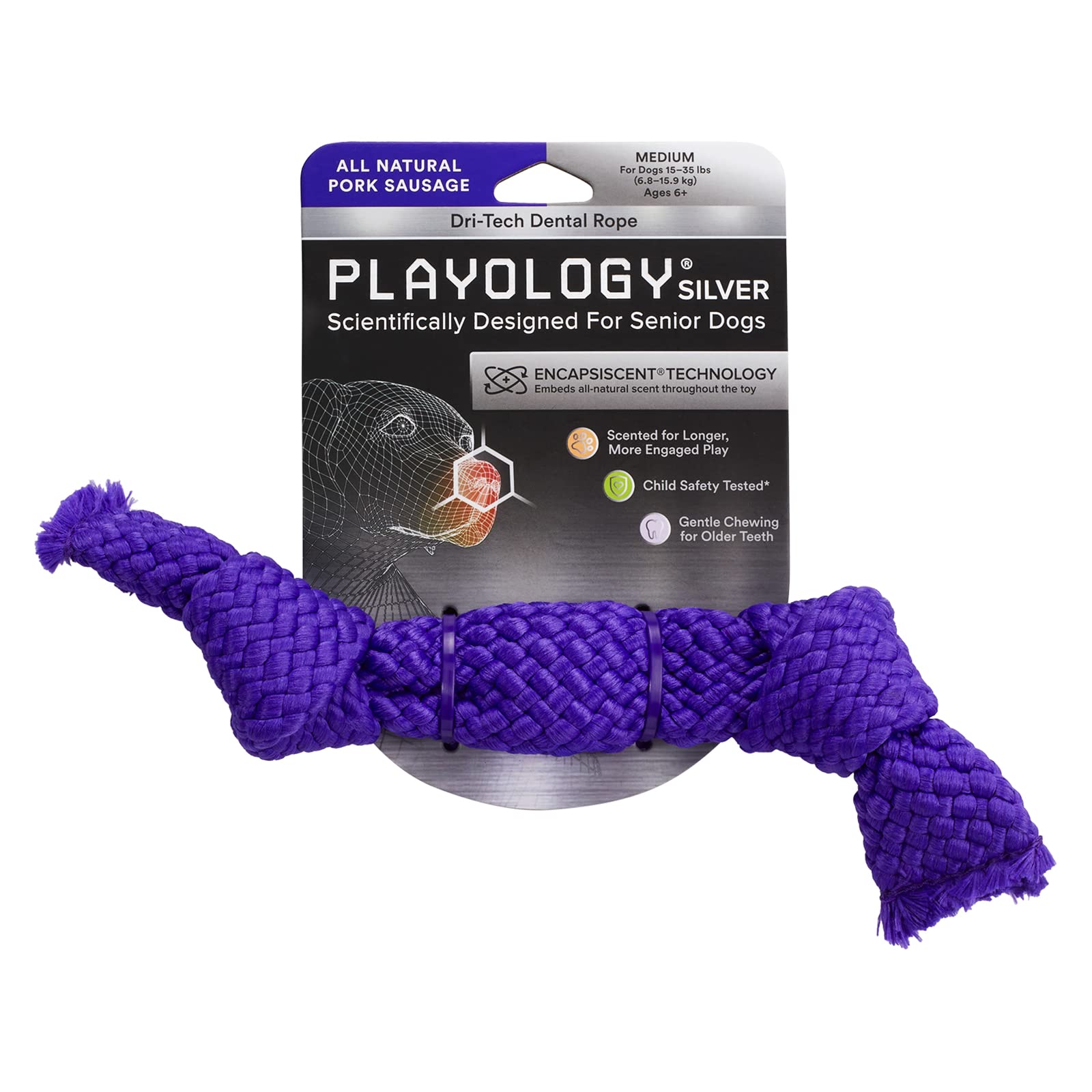 Playology Silver - Dental Rope Dog Toy - Designed for Senior Dogs - Engaging All-Natural Scent