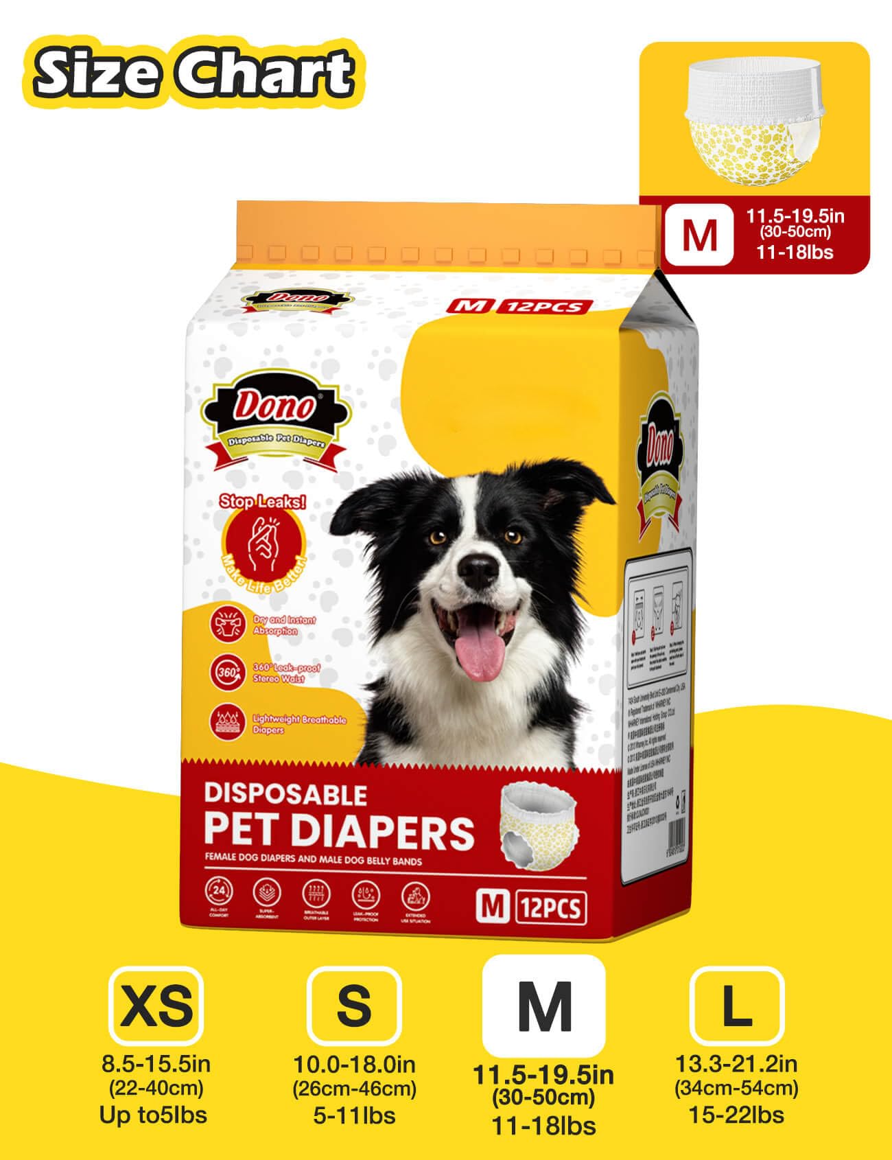 Dono Dog Diapers Female With Stretchy Waist-10-48Pcs, Disposable Full Wrap Female Puppy Dog In Heat Period Diapers, 360 Leak-Pro