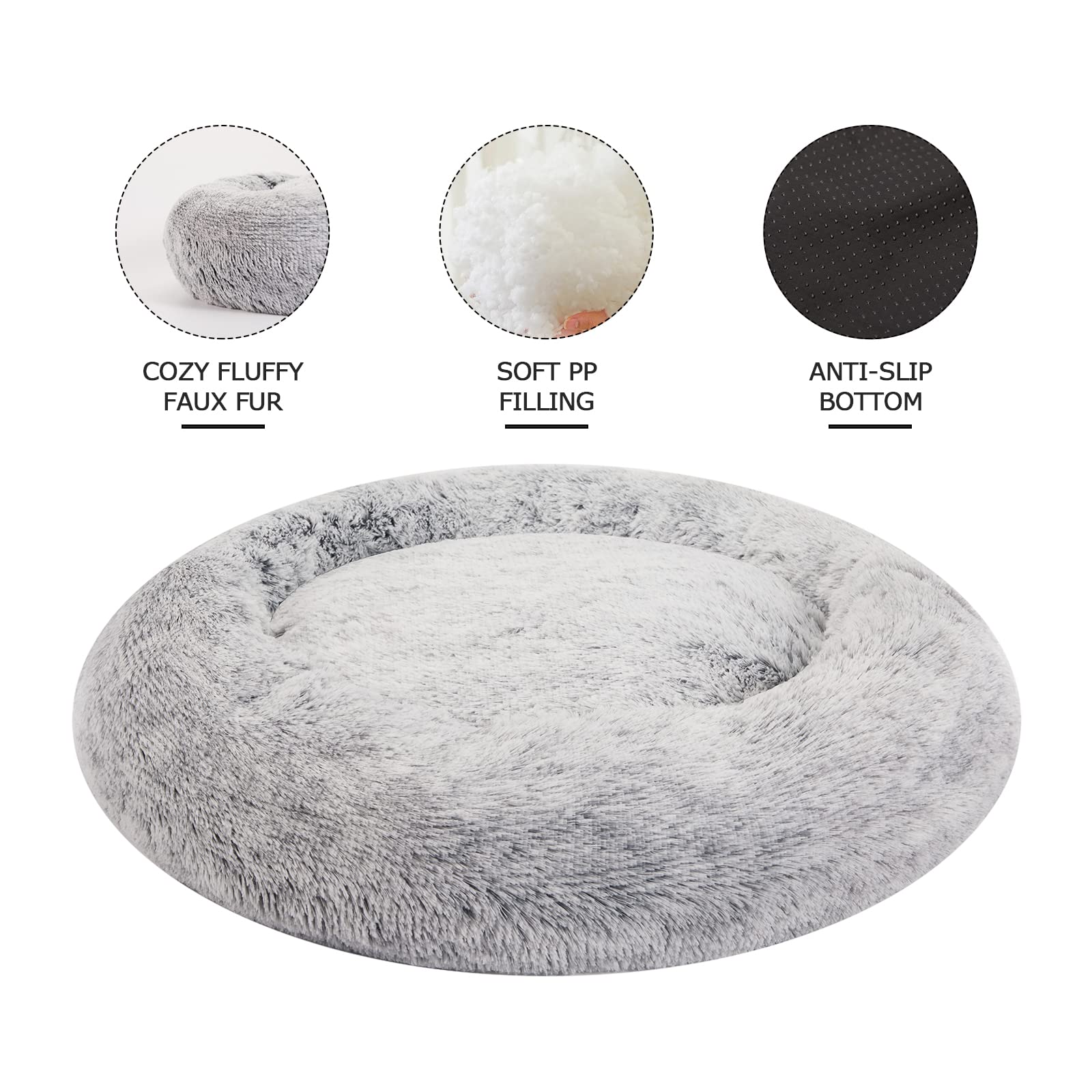 Bedfolks Calming Donut Dog Bed, 36 Inches Round Fluffy Dog Beds For Large Dogs, Anti-Anxiety Plush Dog Bed, Machine Washable Pet Bed (Dark Grey, Large)