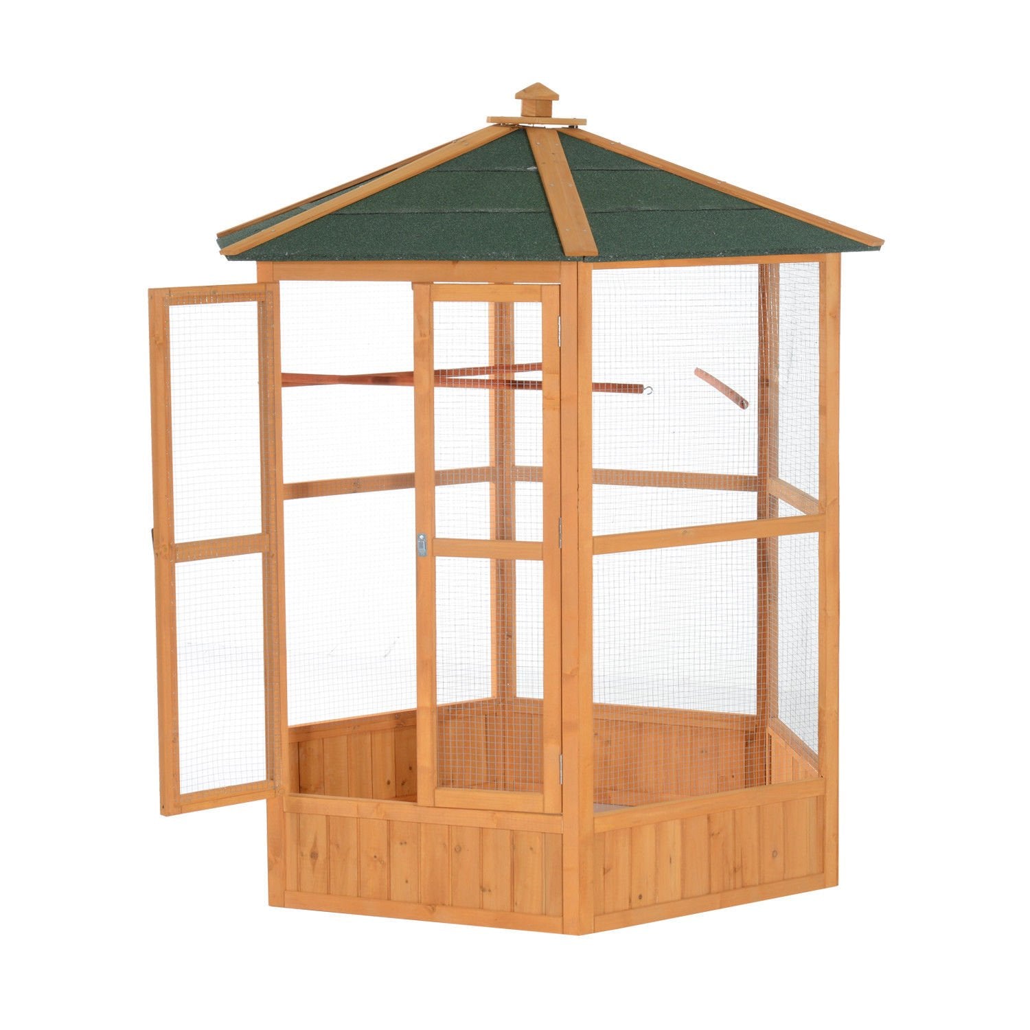 Pawhut 69' Large Wooden Hexagonal Outdoor Aviary Flight Bird Cage With Covered Roof, Brown