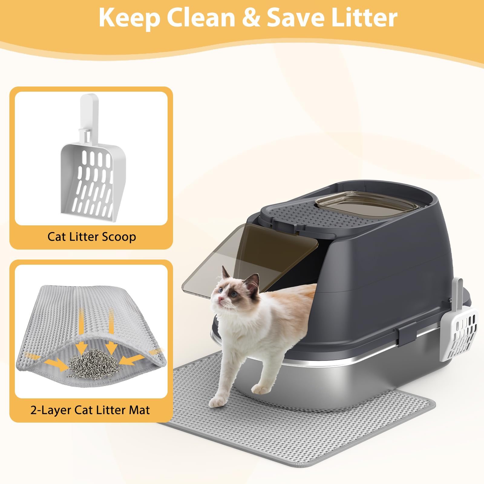 Stainless Steel Litter Box With Lid,Top Entry Covered Kitten Litter Box, Enclosed Litter Tray For Easy Cleaning & Odor Control,