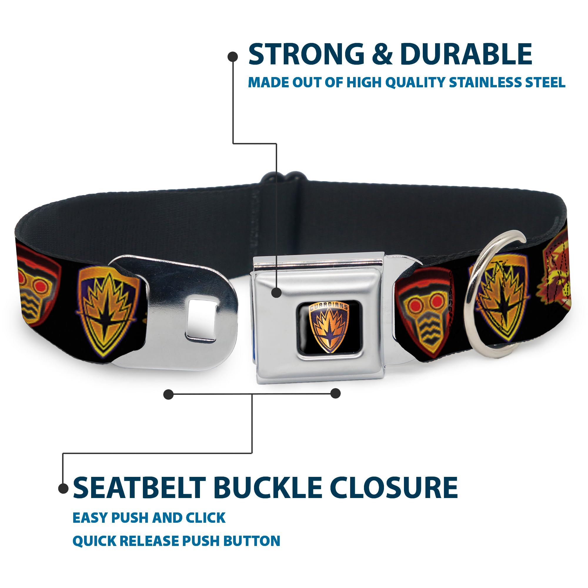 Buckle-Down Dc-Wmc111-Ws Seatbelt Dog Collar, Wide Small, Guardians Of The Galaxy Badge/5-Character Icons Black/Multi Color, 1.5