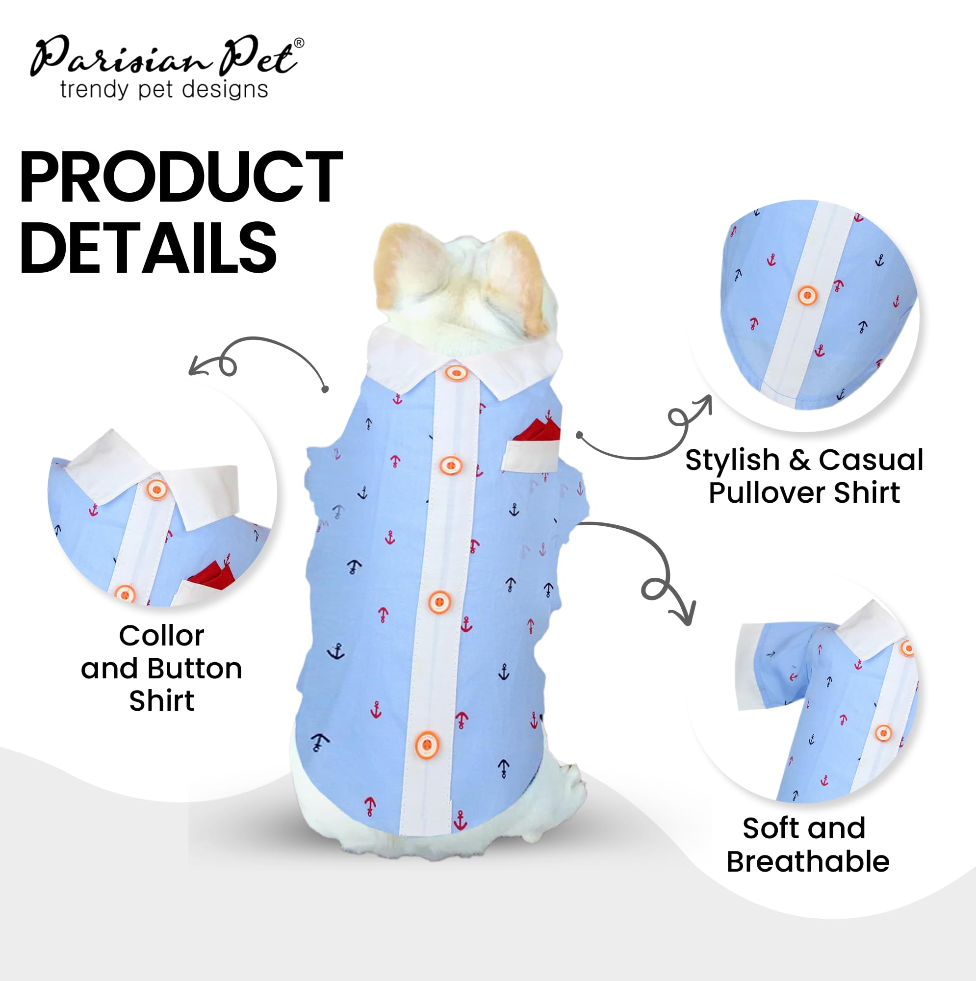 Parisian Pet Dog Shirt - Dog Nautical Costume - 100% Cotton Anchor Dog Clothes - Sleeved Doggie Shirt - Blue And White Dog Costu