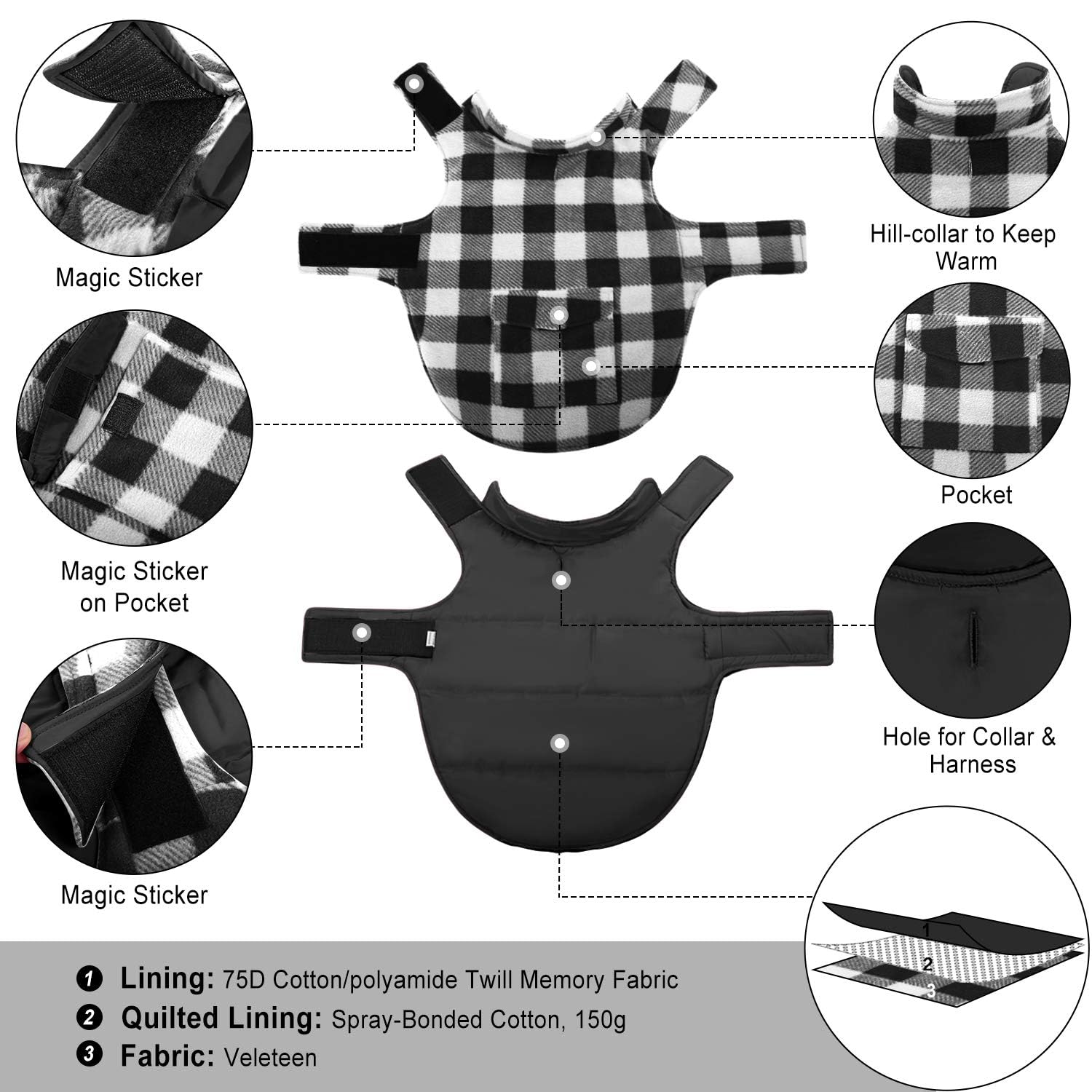 ASENKU Winter Coat, Fleece Jacket Plaid Reversible Vest Waterproof Windproof Cold Weather Clothes Pet Apparel for Small Medium L