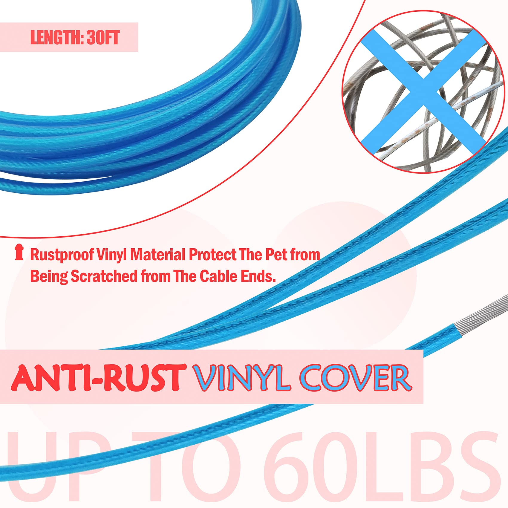 Petest Reflective Tie Out Cable with Crimp Cover for Medium Dogs Up to 60 Pounds, 30 Feet