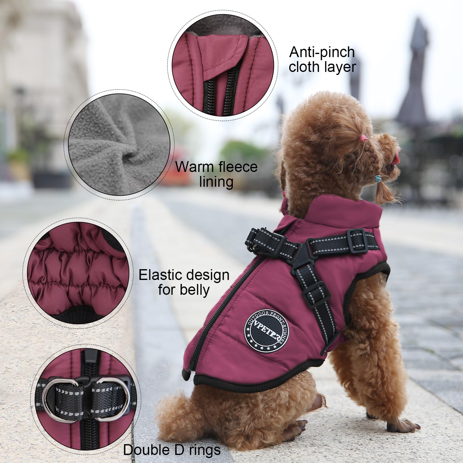 V.Pet Winter Coat Jacket Padded Fleece Dog Vest, Built-In Harness, Waterproof Windproof Reflective Cozy Adjustable Snow Pet Clot