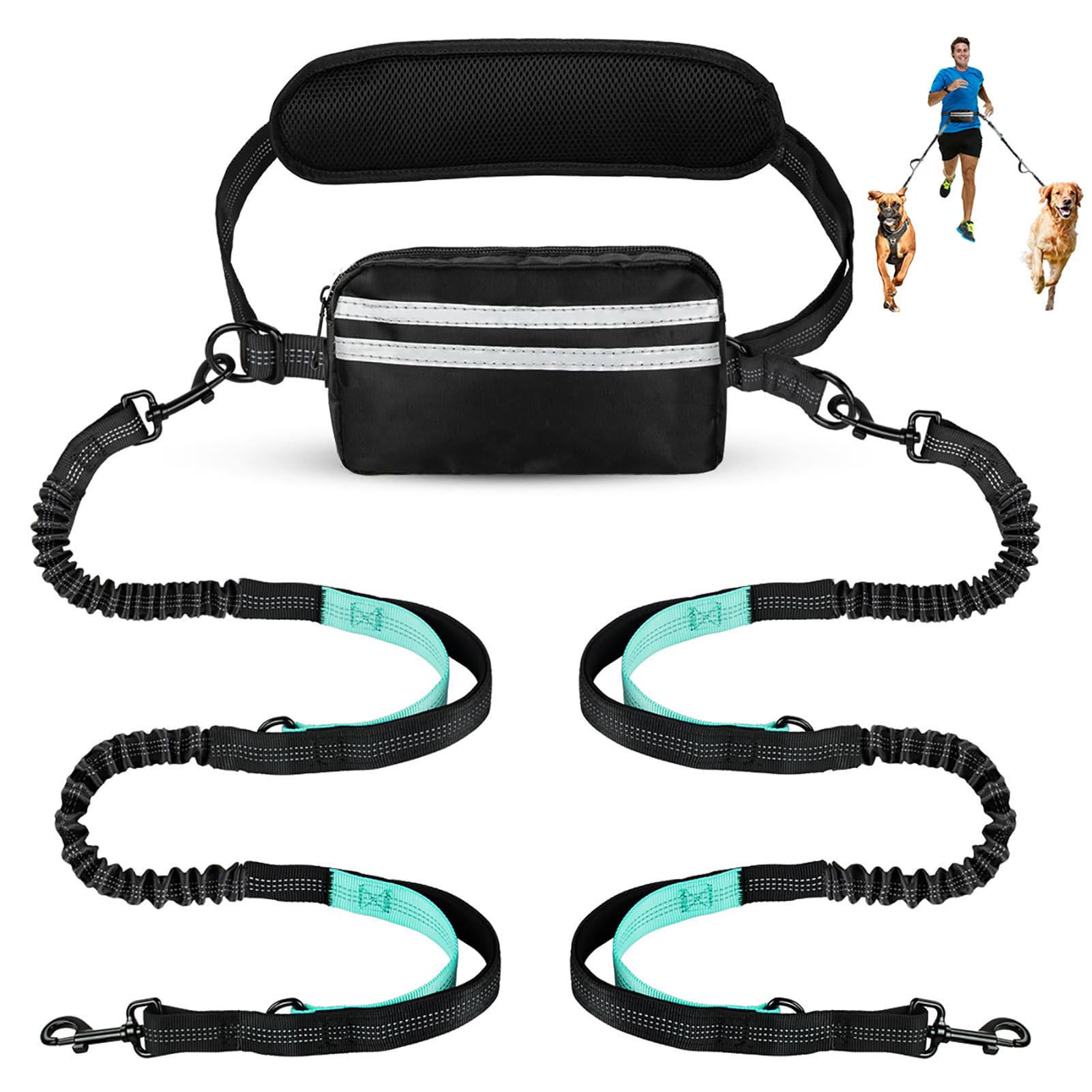 Yicostar Hands Free Dog Leash With Pouch, Double Leash For Two Dogs, Retractable Bungee With Double Padded Handles, Waist Leash 