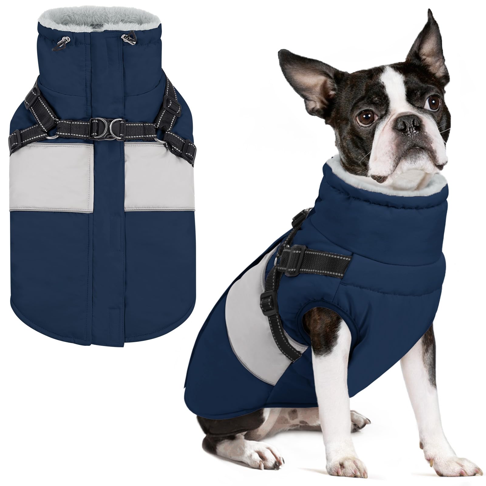 Sunfura Small Dog Coat With Harness Built In, Warm Dog Jacket Winter With Zipper On Back, Waterproof Pet Snow Jacket Snowsuit Pe