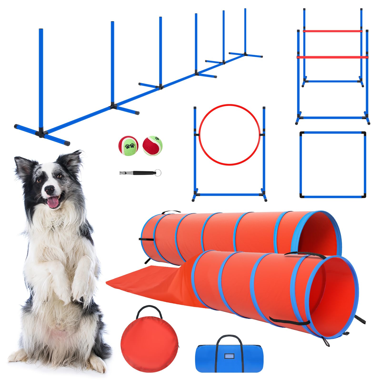 Dog Agility Training Equipment Set, Obstacle Courses Agility Training Kit For Puppy Includes 2 High Hurdles, Standard Tunnel, Bl