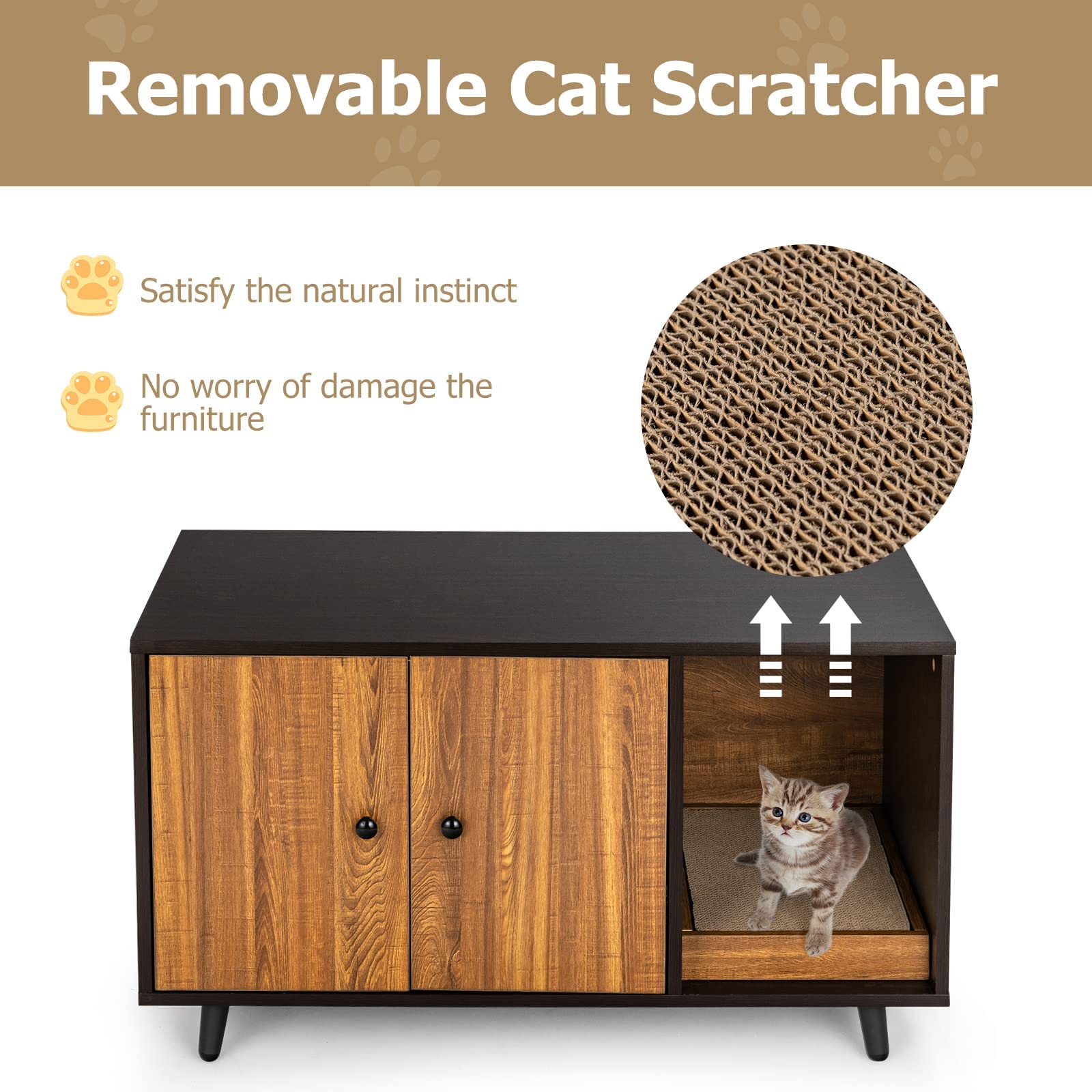Petsite Cat Litter Box Enclosure, Wooden Hidden Cat Washroom Furniture With Divider & Cat Scratcher, Stackable Pet House End Table