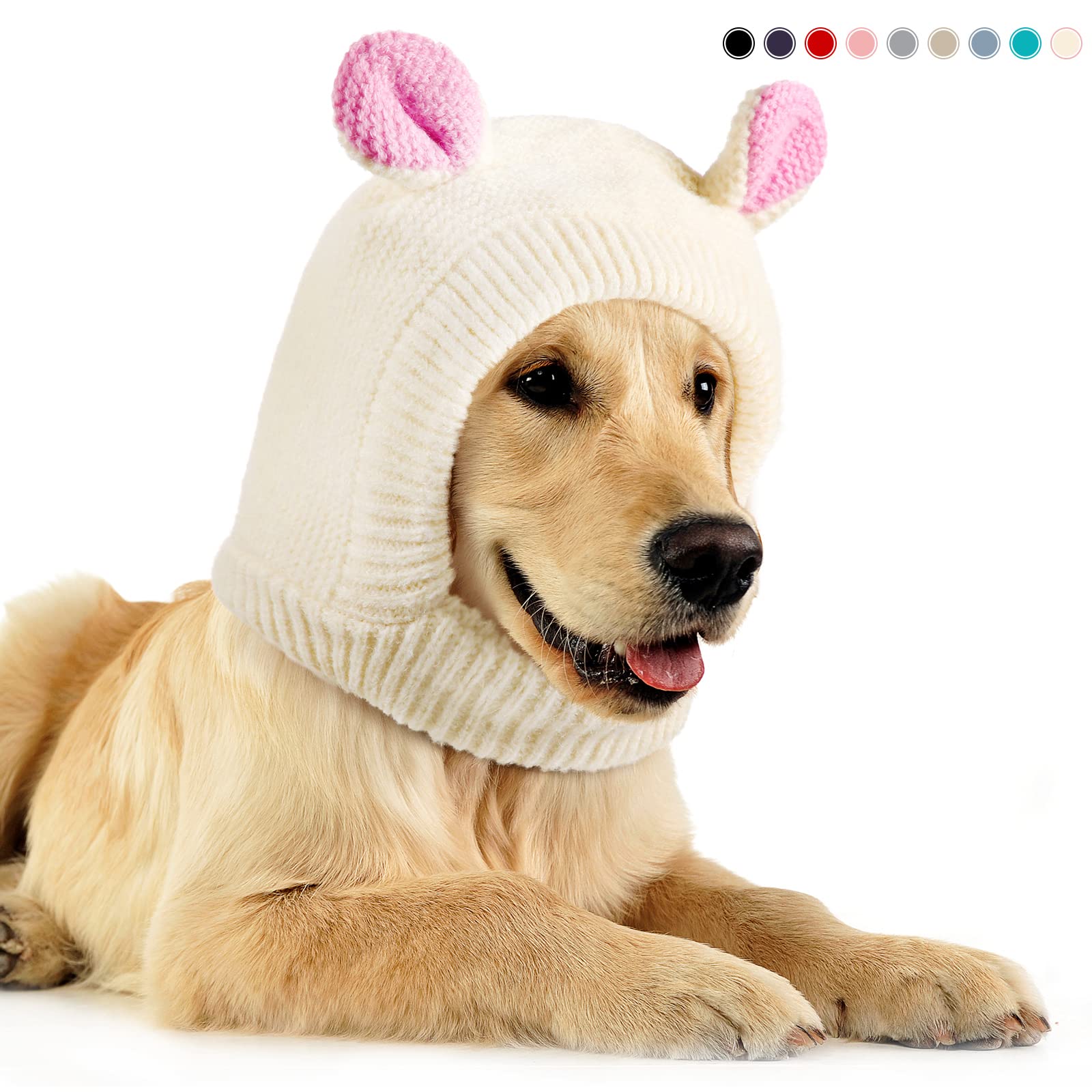 Quiet Ears For Pets, Knitted Dog Hats With Noise Protection - Winter Hat & Snood Head Wrap For Medium To Large Dogs & Cats (Milk