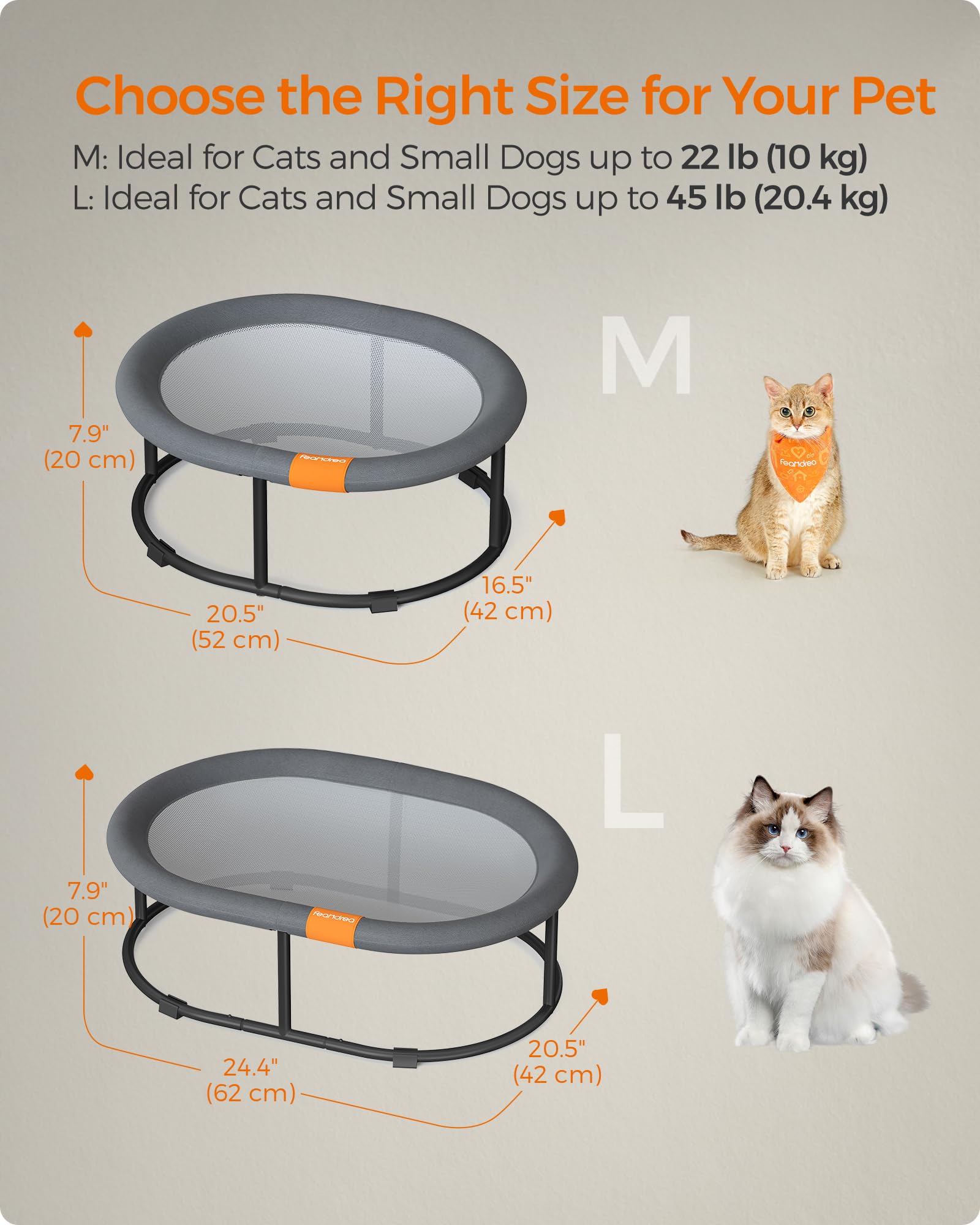Feandrea Elevated Cat Bed, Gray Cat Hammock for Multiple Cats, Removable Washable Mesh, L (24.4"L x 16.5"W x 7.9"H), Model