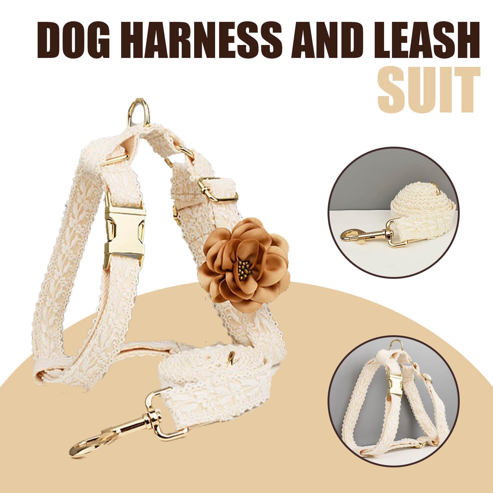 Hqrea White Dog Harness And Leash Set Adjustable Lace Harness For Girl Dogs Luxury Dog Harness No Pull With Handle & Bow Flowers
