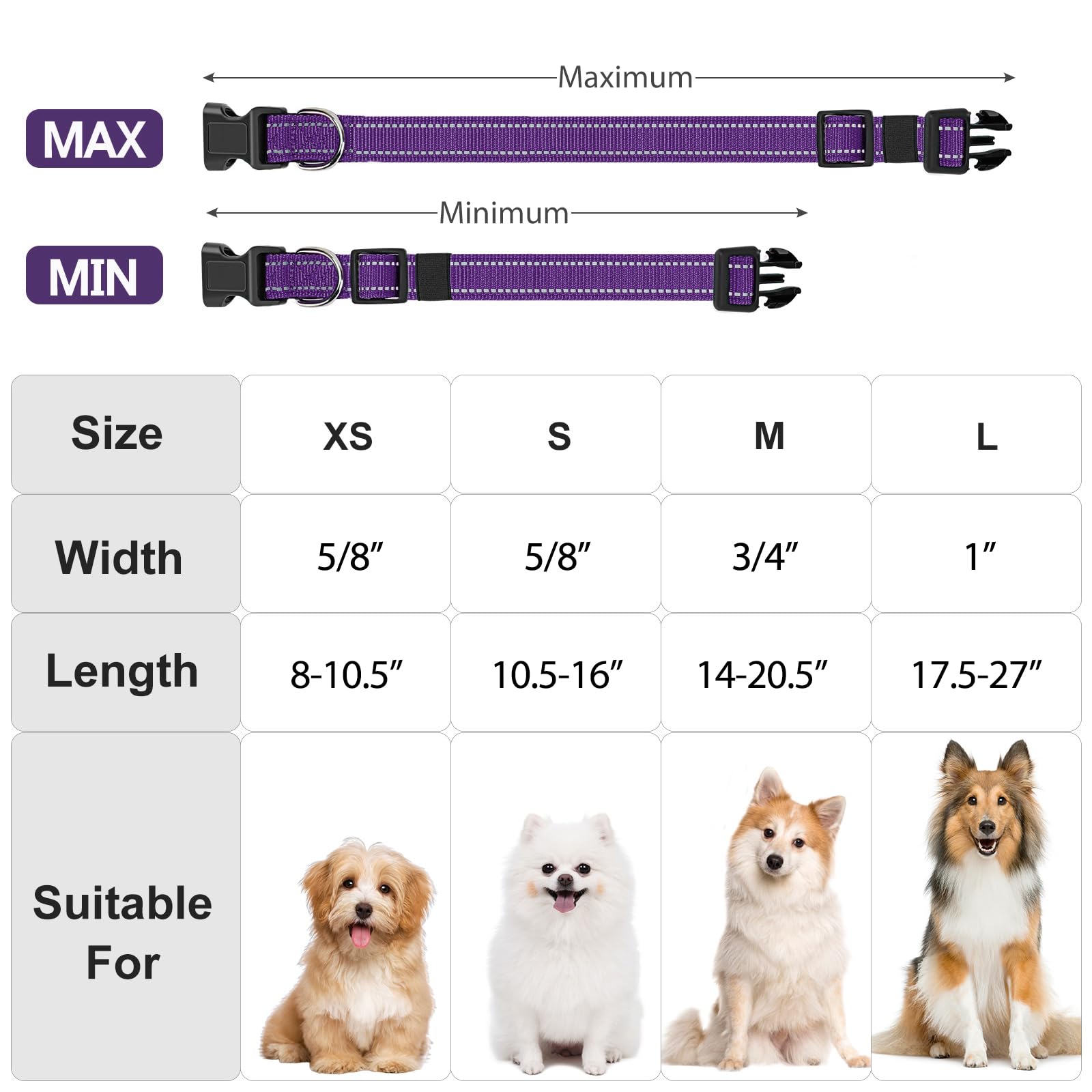 Penseepet Reflective Dog Collar Padded With Soft Neoprene Breathable Quick Release Basic Dog Collars For Puppy Small Dogs Girl Purple