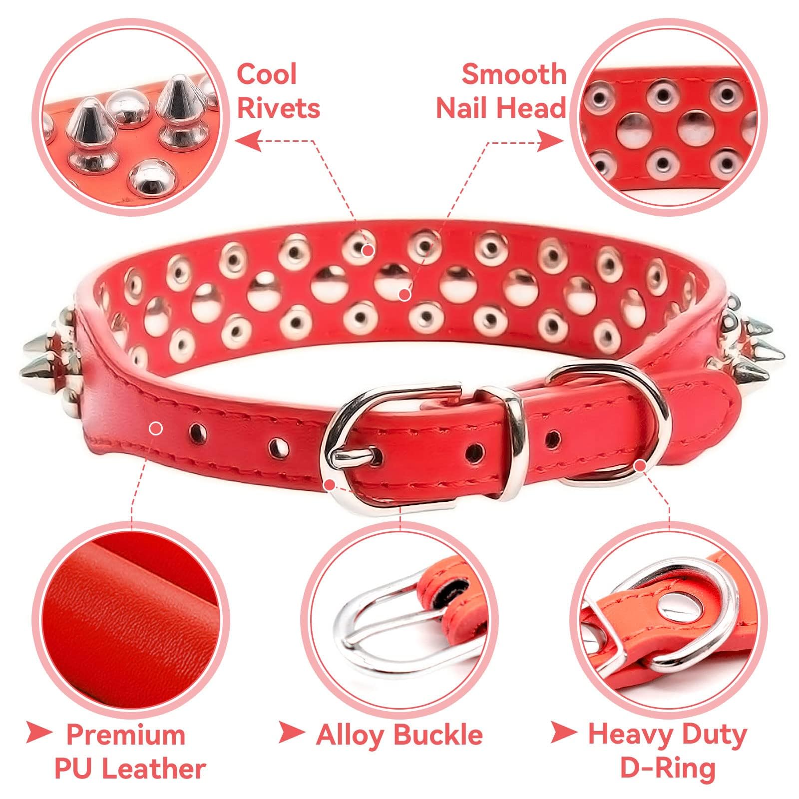 Doggyzstyle Small Spiked Red Dog Cat Collar For Small Medium Dogs Boy Male Female - Adjustable Studded Puppy Collars - Soft Padd