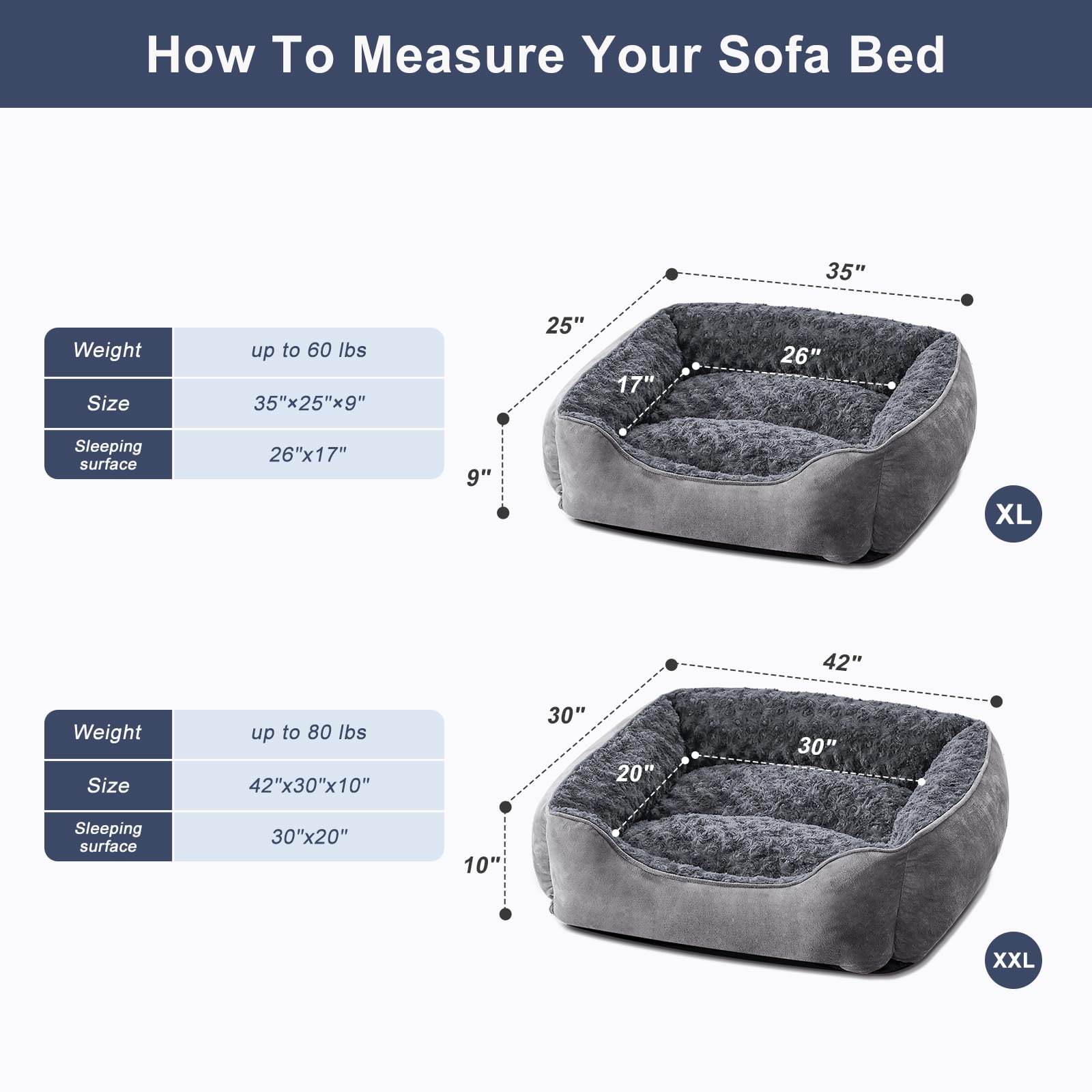 Joejoy Rectangle Dog Bed For Large Medium Small Dogs Machine Washable Sleeping Dog Sofa Bed Non-Slip Bottom Breathable Soft Puppy Bed Durable Orthopedic Calming Pet Cuddler, Multiple Size, Grey