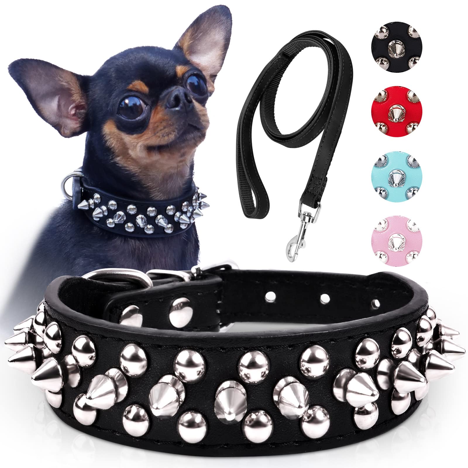 Spiked Dog Collar, Spike Collar For Dogs, Durable Pu Leather Studded Dog Collar With Leash, Epesiri Funny Mushrooms Rivet Small Puppy Dog Collars, Pet Cat Adjustable Collar, Best Gift, Black Xsmall