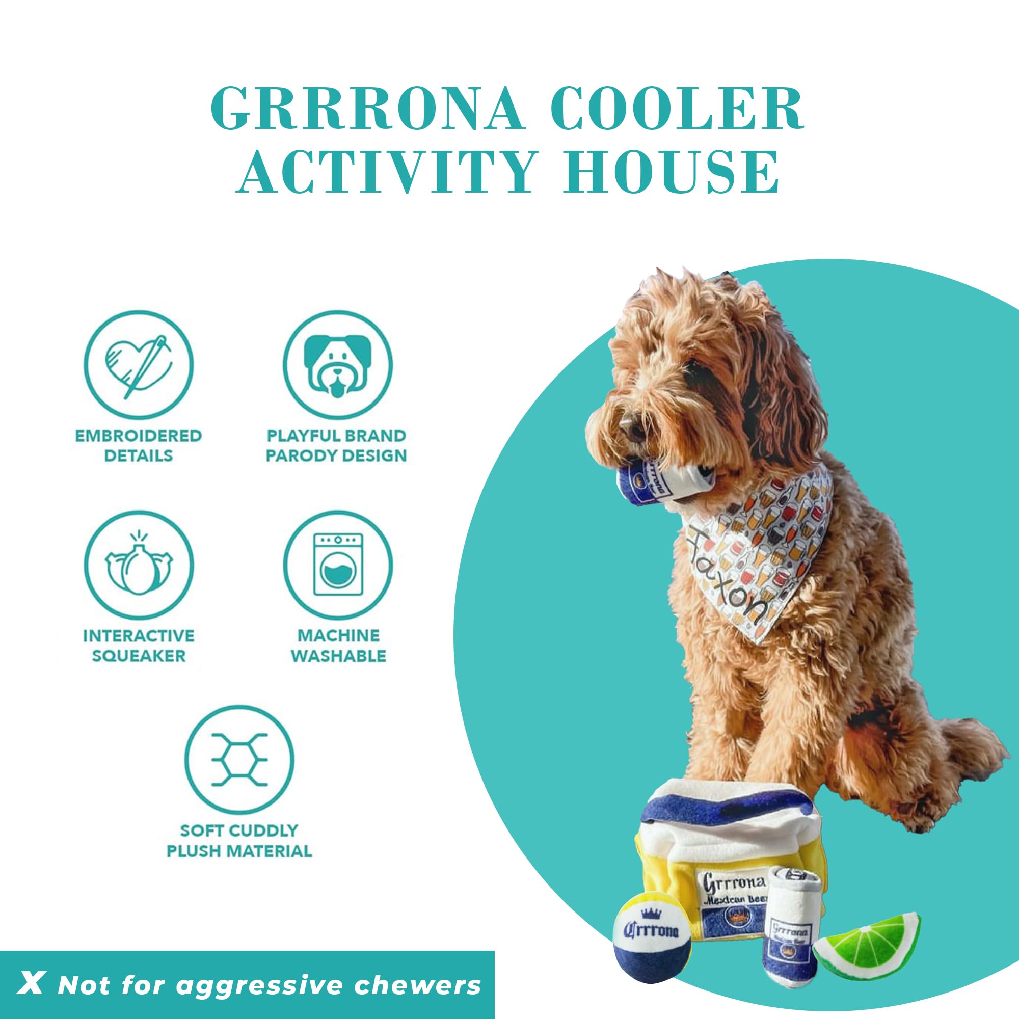 Haute Diggity Dog Grrrona Cooler Activity House, Plush Designer Dog Toys With Interactive Squeaker, Stimulating Pet Enrichment,