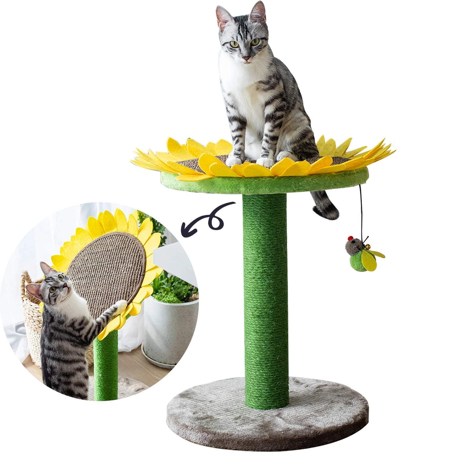 Catry 24' Sunflower Cat Scratching Post, Sunflower Small Cat Bed, 2 In 1 Natural Jute Scratching Pad And Bed With Cat Teaser Bee Toy