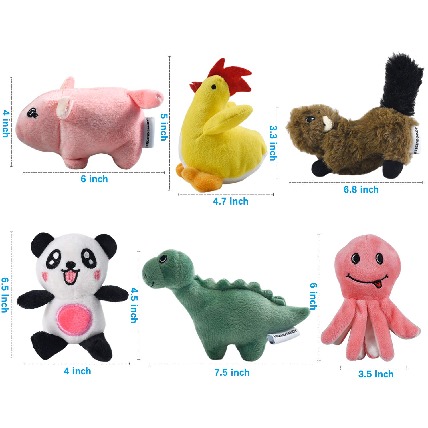 LEGEND SANDY Plush Dog Toy Pack - 6 Squeaky Stuffed Chew Toys for Small Medium Dogs