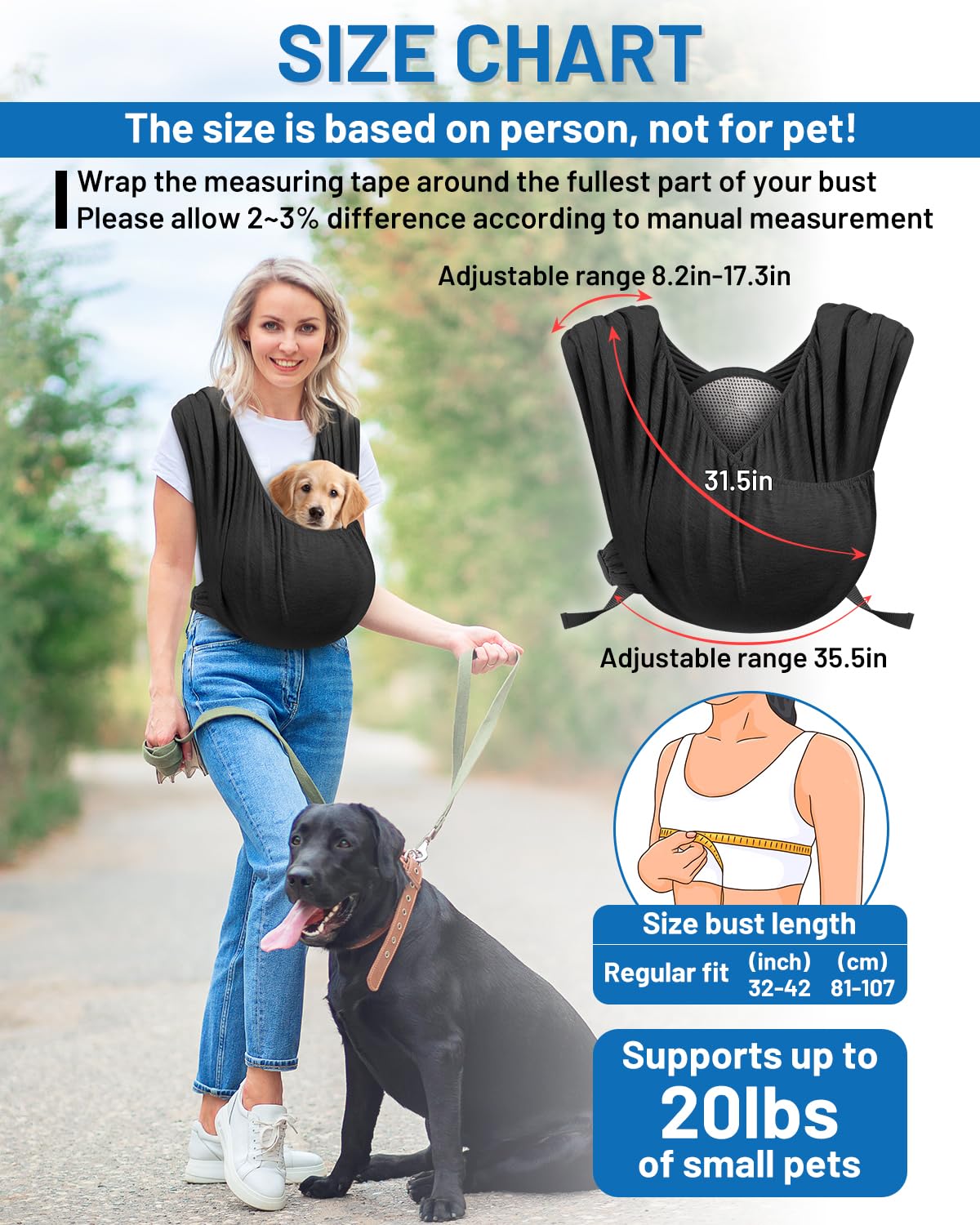 Dog Sling Carrier for Small Dogs, Front Pet Sling Carrier Chest, Adjustable Reducing Back Stress Cat Sling for Small Pet up to 2