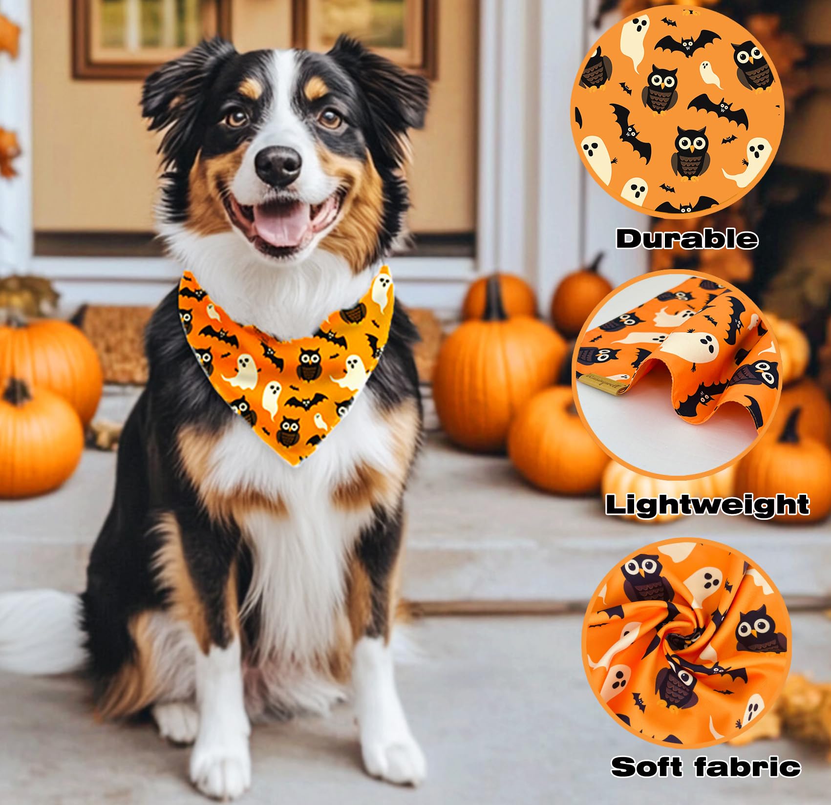 Raisingwell Halloween Dog Bandanas 2 Pack 4 Pattern Ghost Spider Pumpkincandle Bibs Reversible Washable Durable Fall Scarf Suita