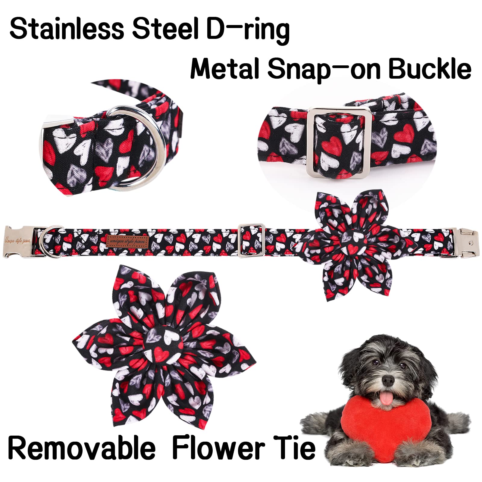 Unique Style Paws Valentine'S Day Dog Collar With Flower Tie Black & Red Heart Puppy Collar Best Gothic Style Gift For Small Medium Large Boys Girls-Xs