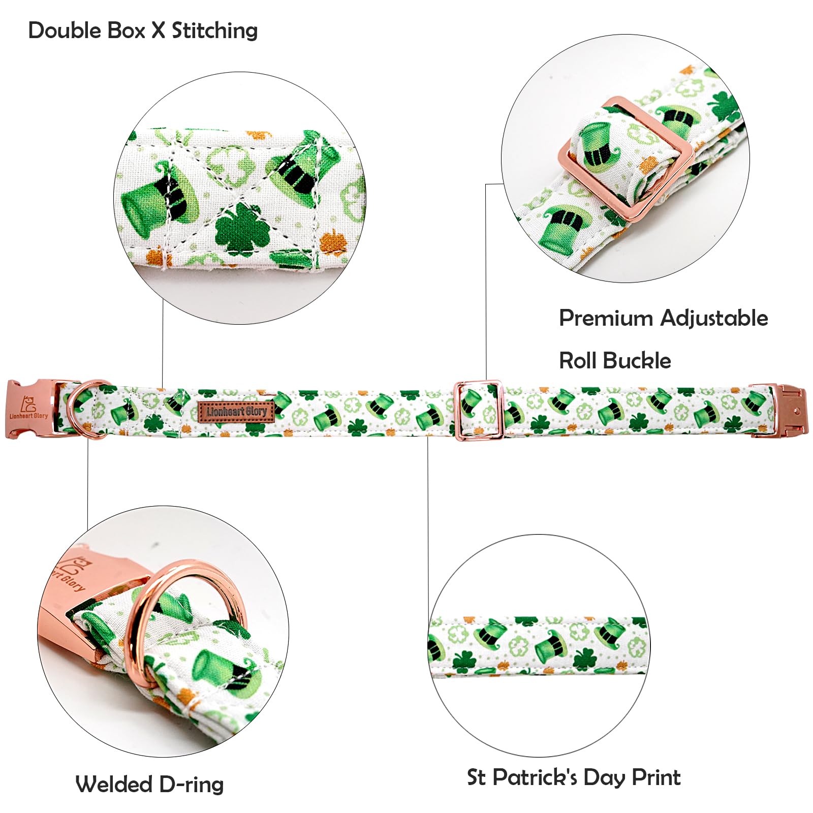 Lionheart Glory St. Patrick Dog Collar - Green Clover Collar For Medium Dogs - Adjustable Heavy-Duty Spring Collar - Pet Gift