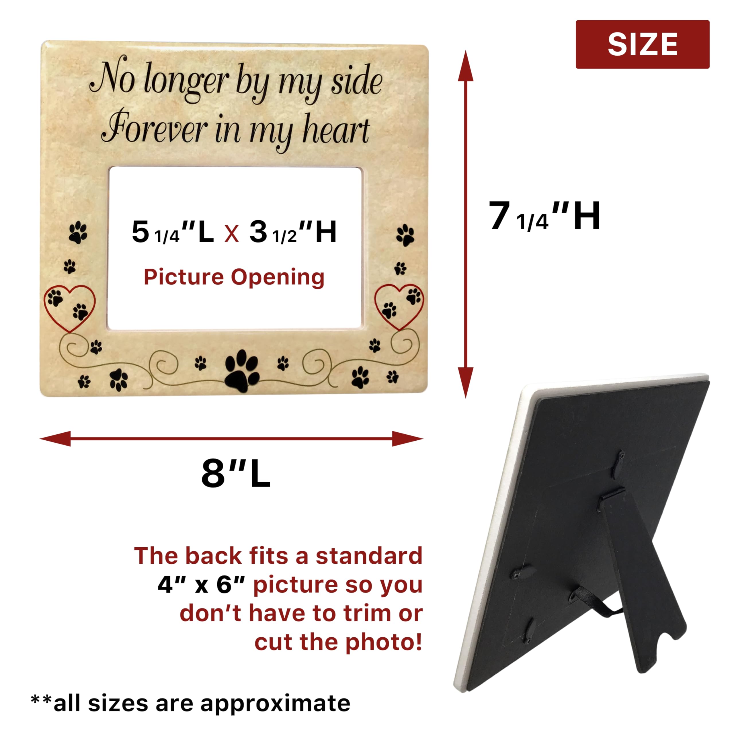 BANBERRY DESIGNS Pet Memorial Ceramic Picture Frame - No Longer By My Side Forever in My Heart - Pet Loss Gifts - Pet Photo Fram