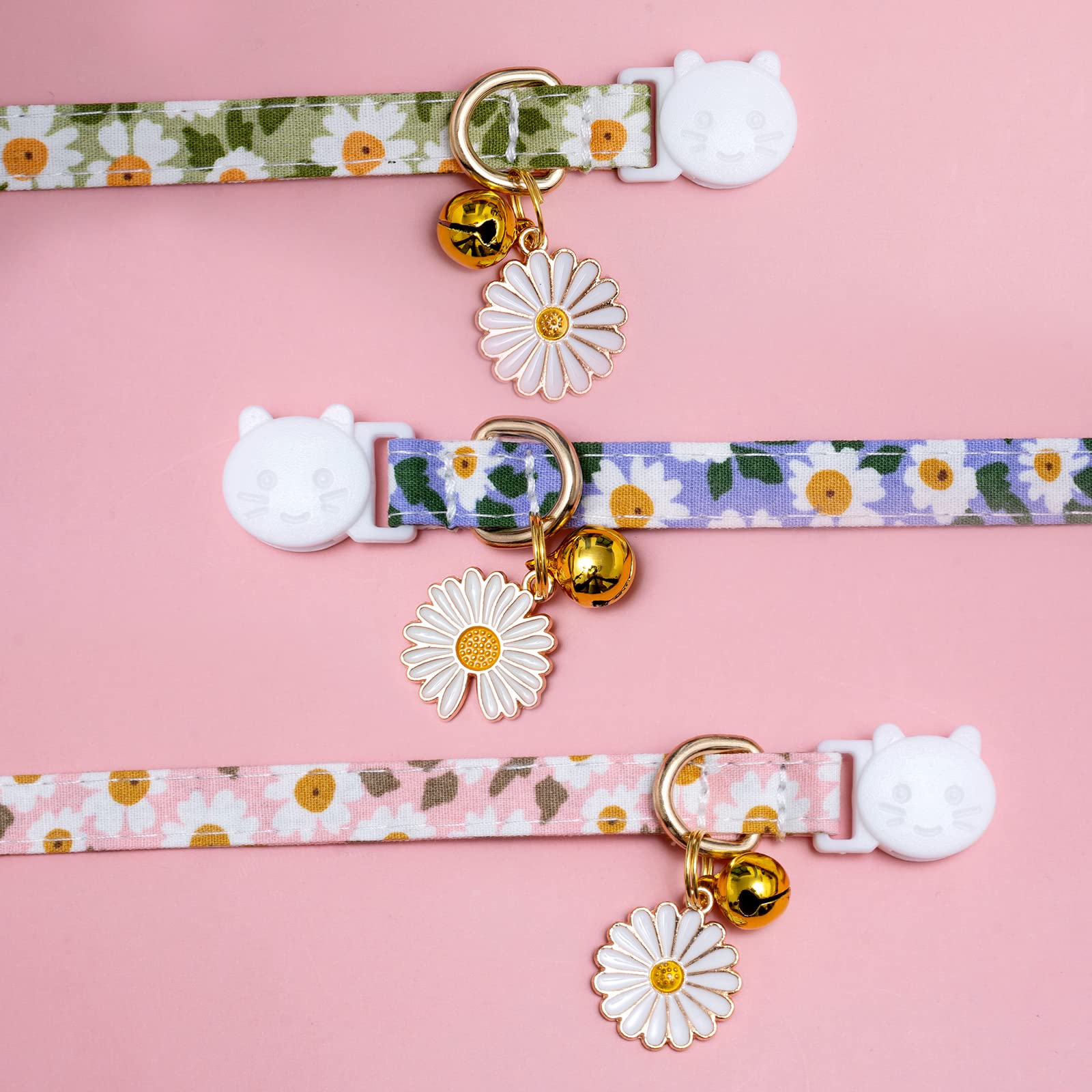 Faygarsle 3 Pack Cotton Safe Breakaway Cat Collars With Bell Daisy Charm Green Blue Pink Kitty Kitten Cute Cat Collars For Girl Cats Female Cats