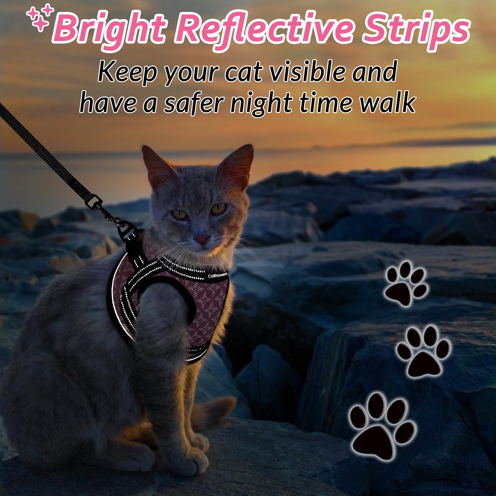 Catromance Cat Harness And Leash Set Escape Proof For Walking, Safe Adjustable Small Large Kitten Vest With Reflective Strip For Kitty, Easy Control Comfortable Soft Outdoor Harnesses, Pink, Large