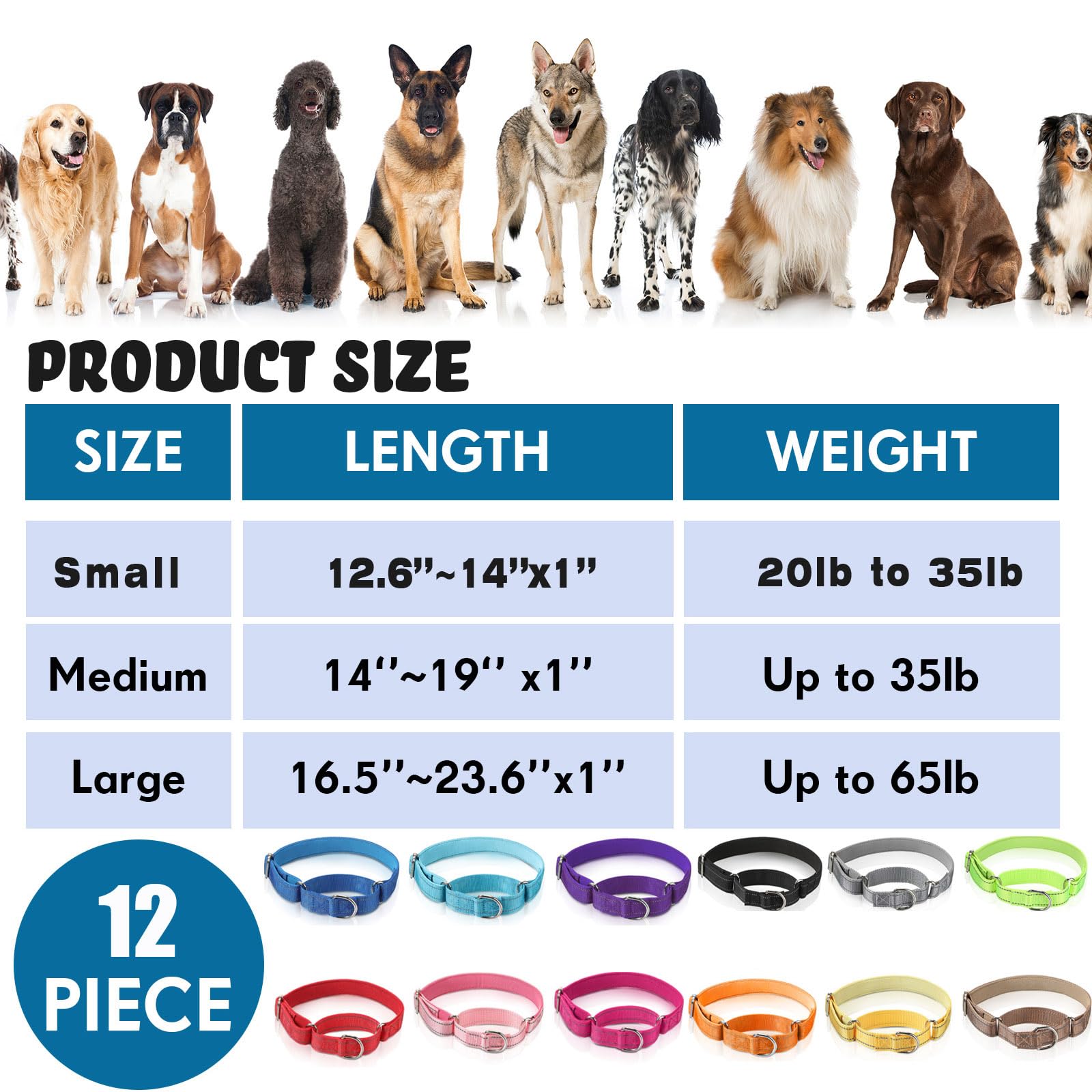 Cunno 12 Pcs Martingale Collar for Medium Dogs Reflective Dog Collar with Durable Metal Buckle Adjustable Nylon Pet Prevent Slip