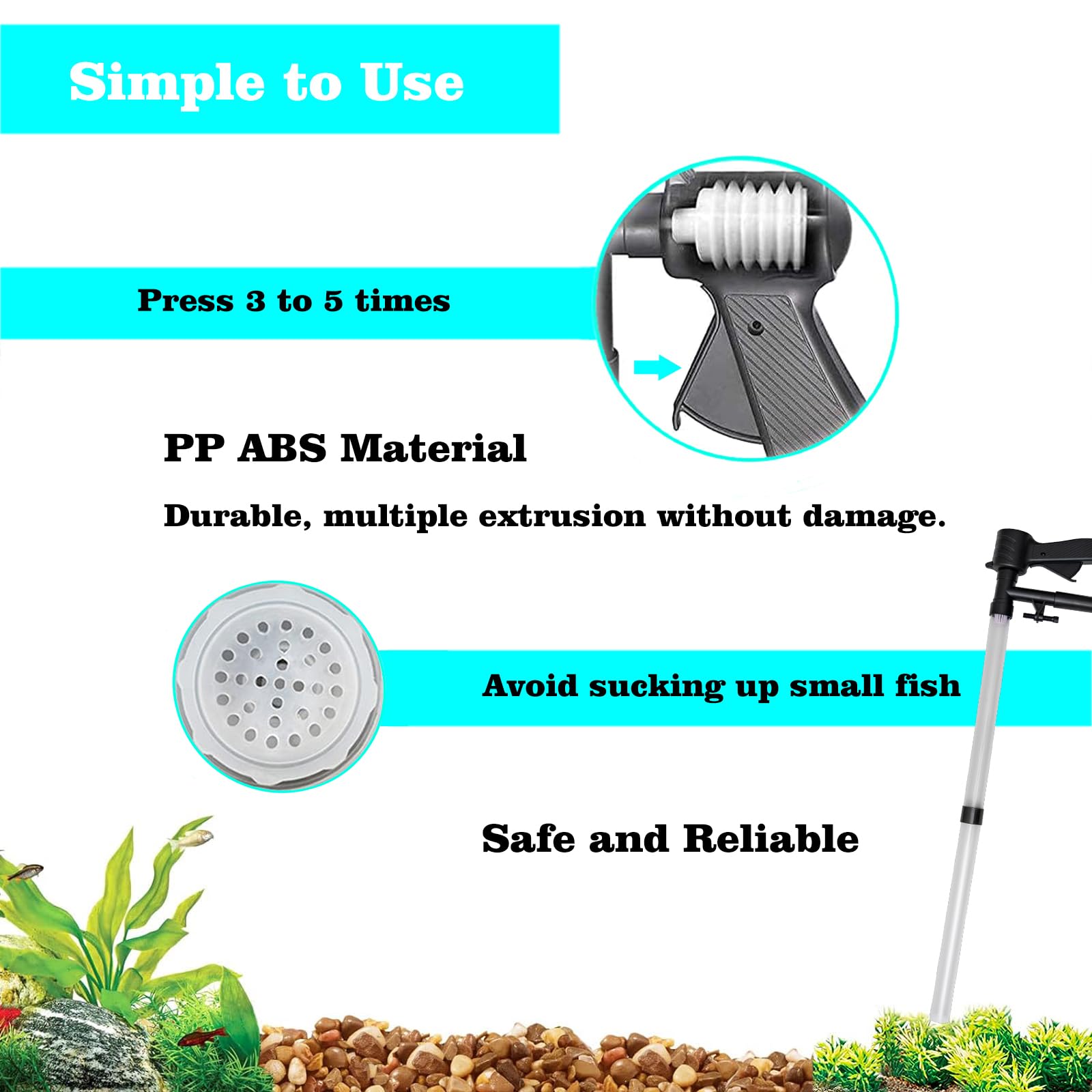 Carefree Fish Aquarium Gravel Cleaner 15~30In with 6Ft Water Hose Fish Tank Water Changer Sand Vacuum with Skimmer Net and Long