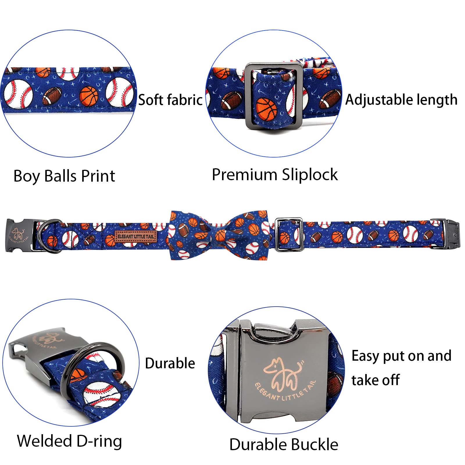 Elegant little tail Dog Collar, Balls Print Dog Collar with Bow Boy Dog Collar Pet Collars Soft Dog Bowtie Adjustable Dog Collar