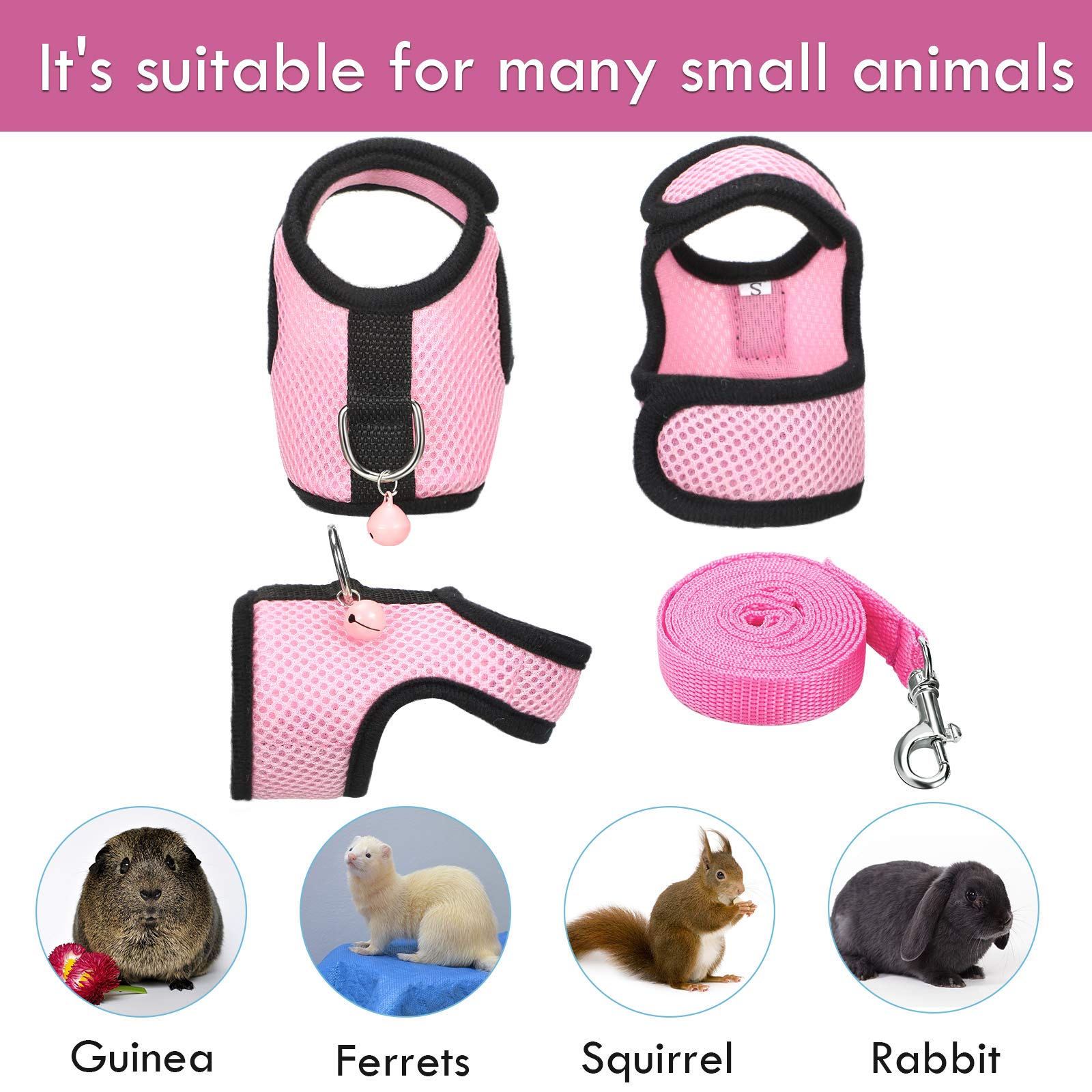 SATINIOR 2 Pieces Guinea Pig Clothes Baby Ferret Rats Hamster Soft Mesh Harness Leash Vest Set with Bell for Guinea Pigs, Hamste