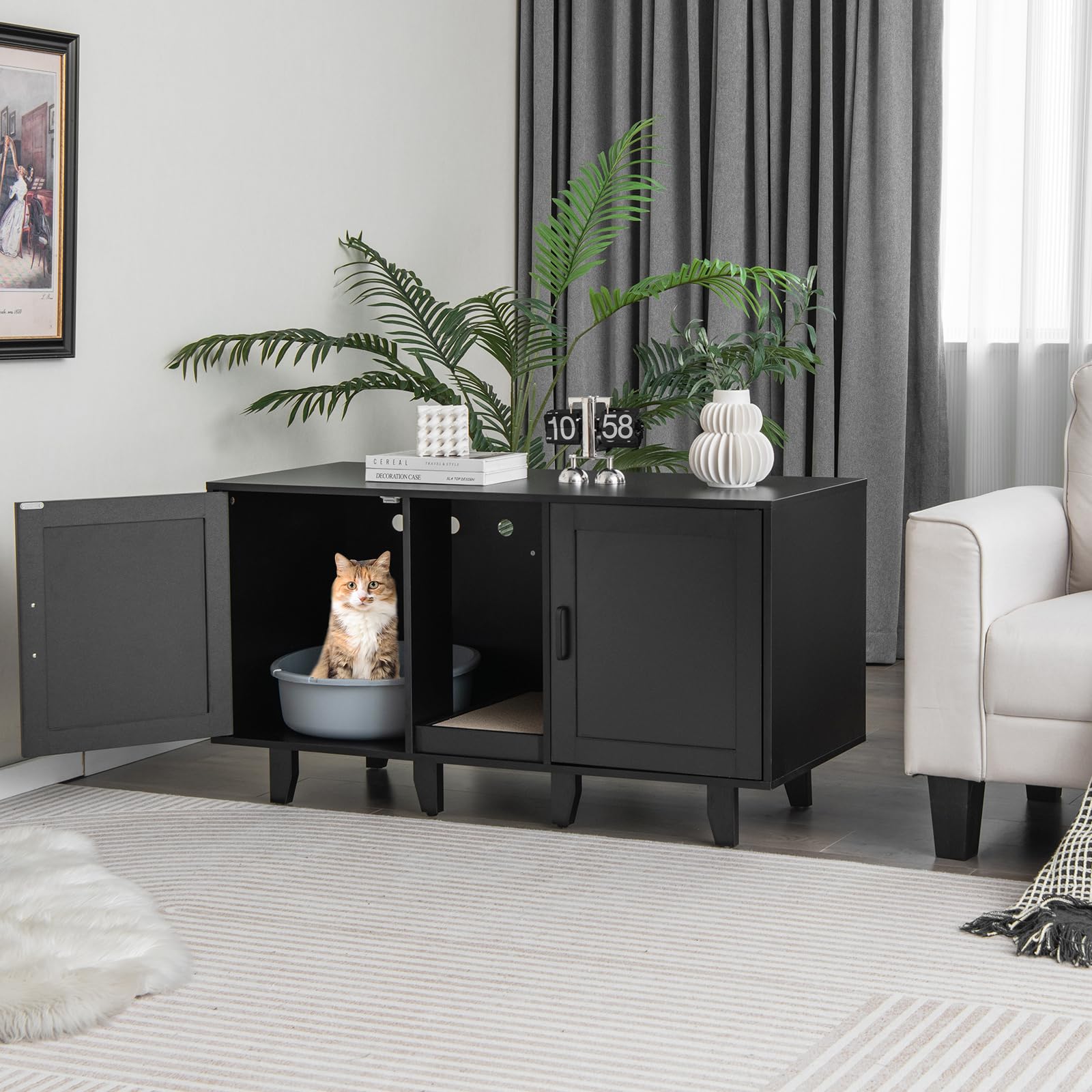 Tangkula Double Cat Litter Box Enclosure For 2 Cats, Large Stackable Hidden Privacy Cat Washroom Cabinet With Scratching Board, Indoor Cat House Tv Stand Side Table, Litter Box Furniture (Black)