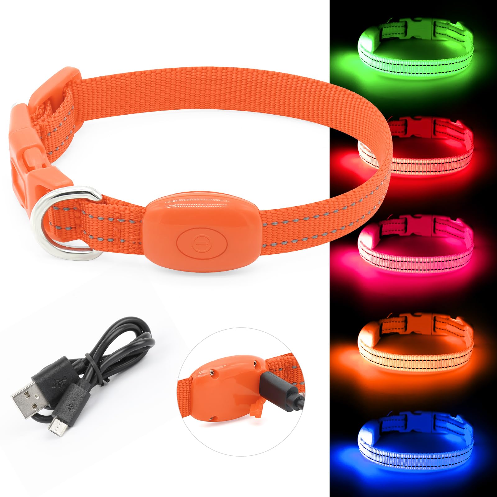 Bseen Light Up Dog Collars For Small Dogs - Rechargeable Led Puppy Collar - Glowing Cat Collars - Dog Camping Gear Dog Lights For Night Walking(Orange, Xs)
