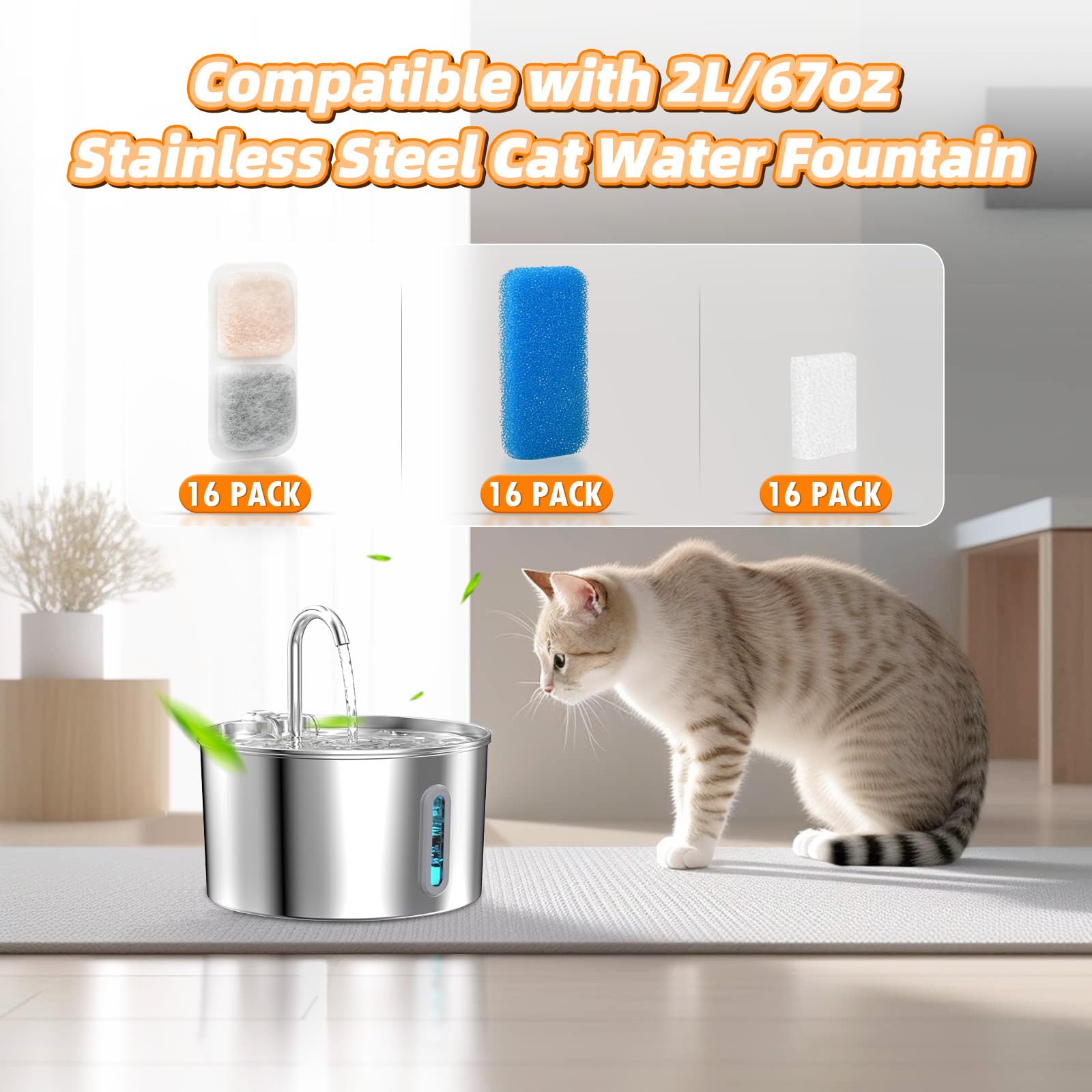 16 Sets Cat Water Fountain Filter Compatible With Oneisall 67Oz/2L Stainless Steel Cat Water Fountain, Activated Carbon Ion Resi
