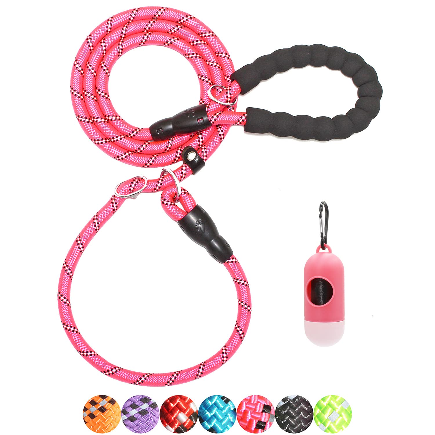 Baapet 6 Feet Slip Lead Dog Leash Anti-Choking With Upgraded Durable Rope Cover And Comfortable Padded Handle For Large, Medium, Small Dogs Trainning With Poop Bags And Dispenser (Pink)